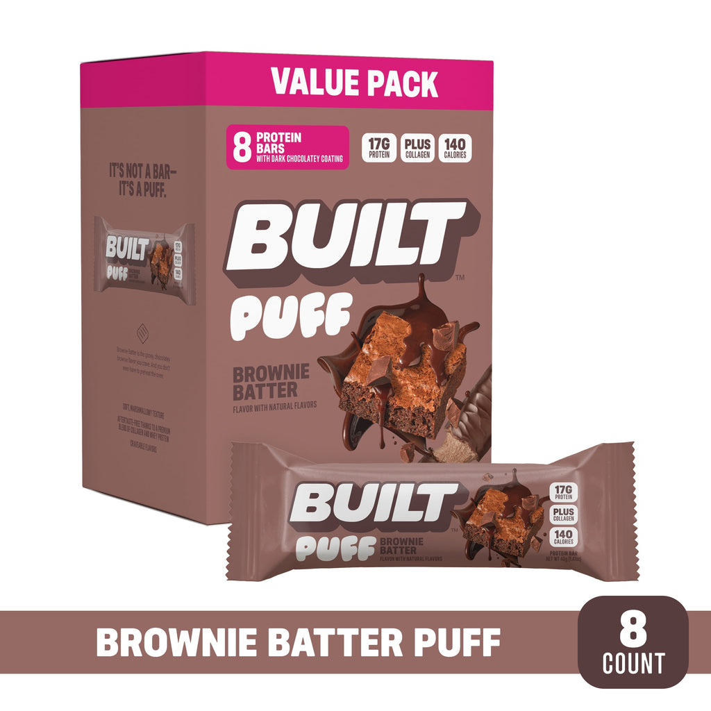 Built Puff Snack Bar, Brownie Batter, 17g Protein, Collagen, 140 Calories, 8 Count Box, 1.41 oz