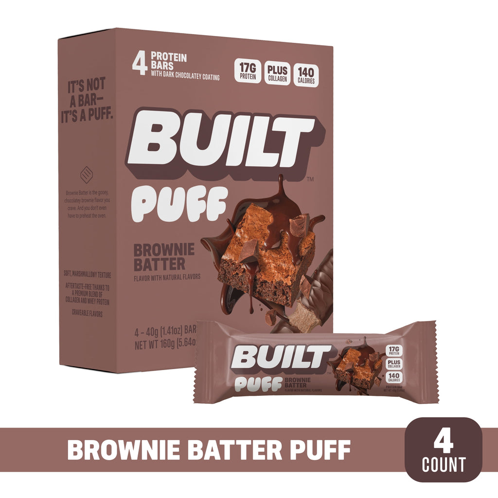 BUILT Puff Protein Bar, Brownie Batter, 17g Protein, Collagen, 140 Calories, 4 Count Box, 1.41 oz Bars