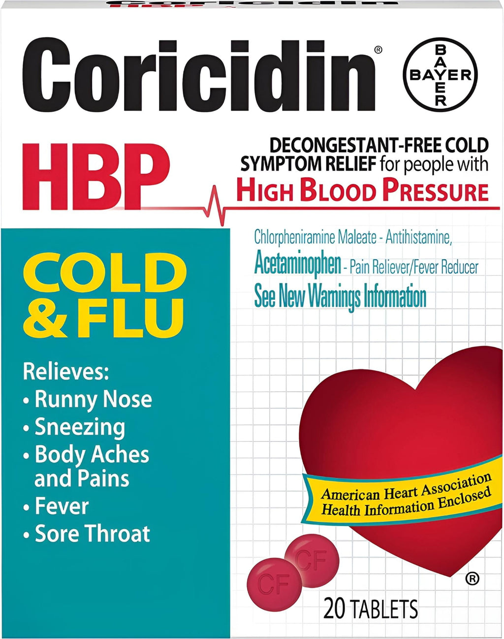 Coricidin HBP Multi-Symptom Cold & Flu Relief Tablets, for High Blood Pressure, 20 Count