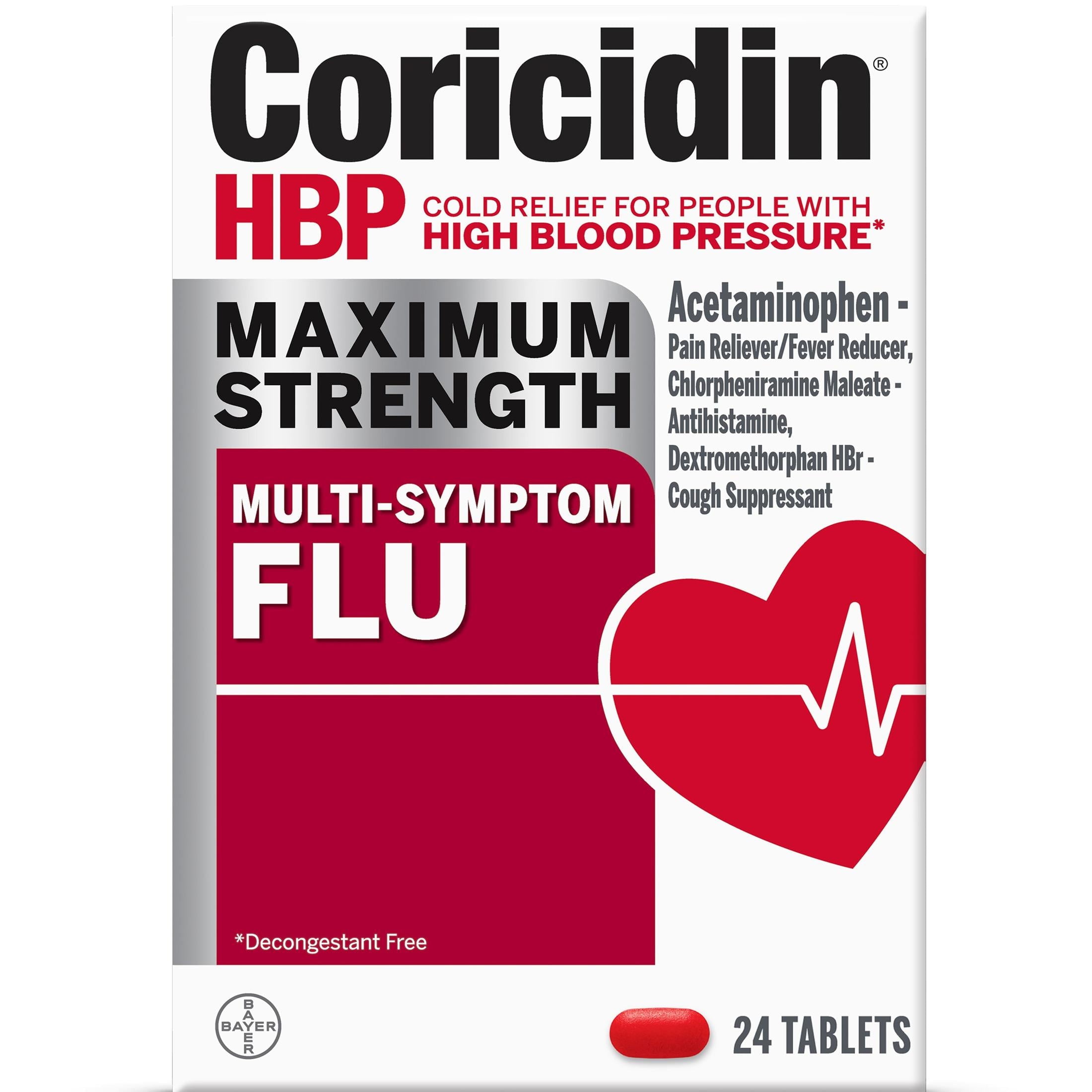 Coricidin HBP Maximum Strength Multi-Symptom Flu Medicine, Tablets, 24 Ct