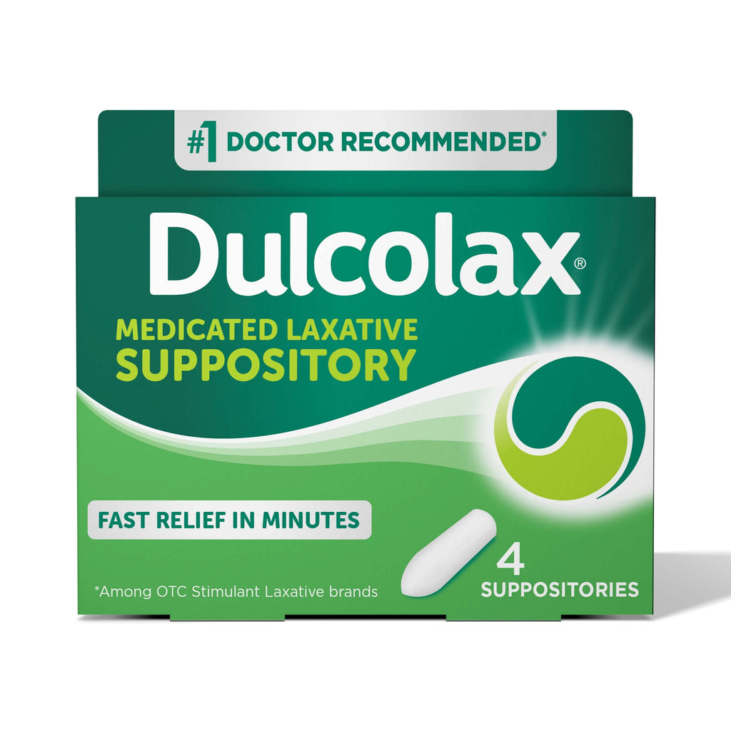 Dulcolax Stimulant Laxative Medicated Suppositories, Predictable & Effective Constipation Relief, Softens Stool, Bisacodyl 10 mg, 4 Count