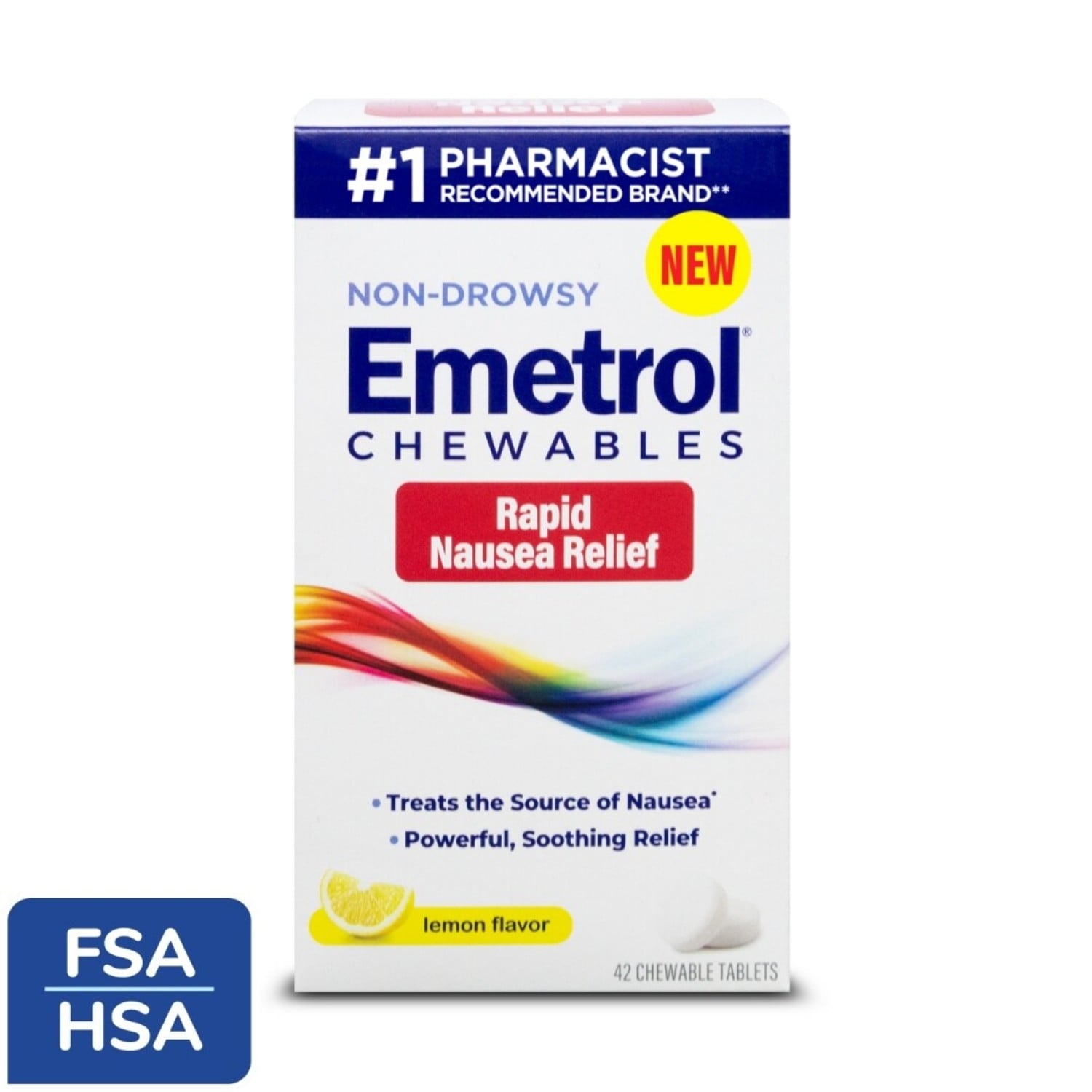 Emetrol Chewables for Rapid Nausea Relief Non-Drowsy, Lemon Flavor, 42 Tablets