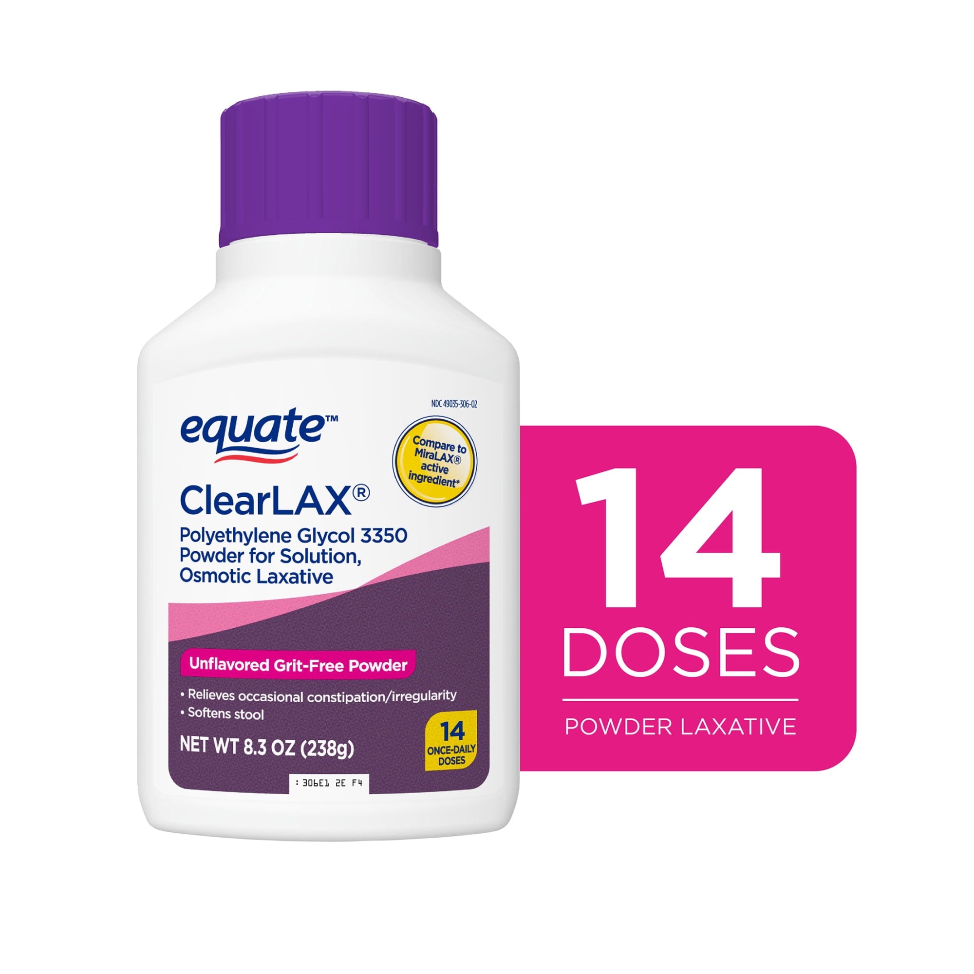 Equate ClearLAX Polyethylene Glycol 3350 Powder for Solution, Unflavored, 14 Doses, Compare to MiraLAX Active Ingredient