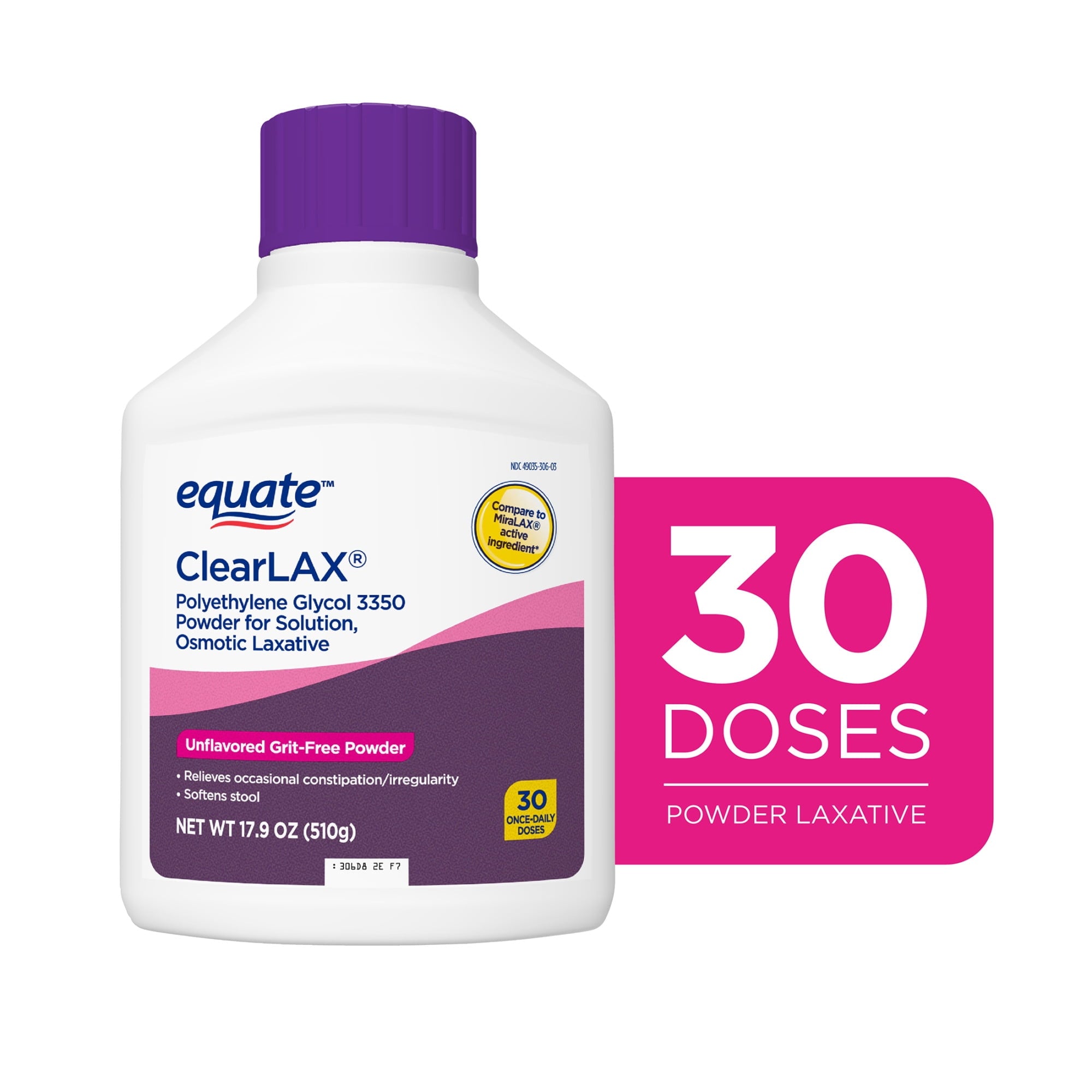 Equate ClearLAX Polyethylene Glycol 3350 Powder for Solution, Unflavored, 30 Doses, Compare to MiraLAX Active Ingredient