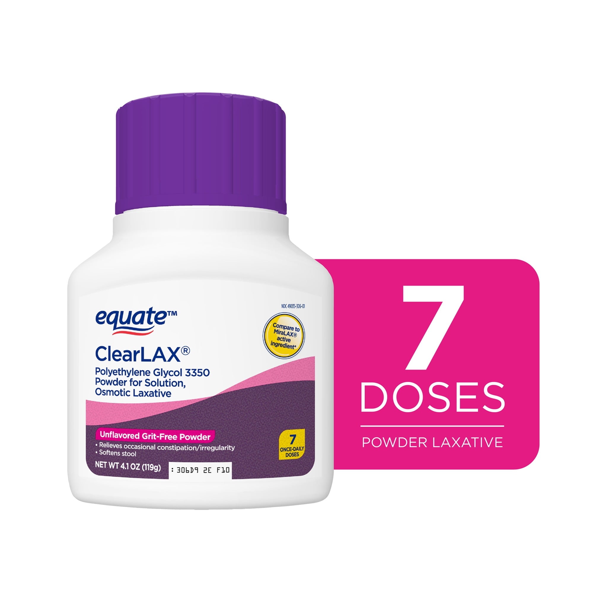 Equate ClearLAX Polyethylene Glycol 3350 Powder for Solution, Unflavored, 7 Doses, Compare to MiraLAX Active Ingredient