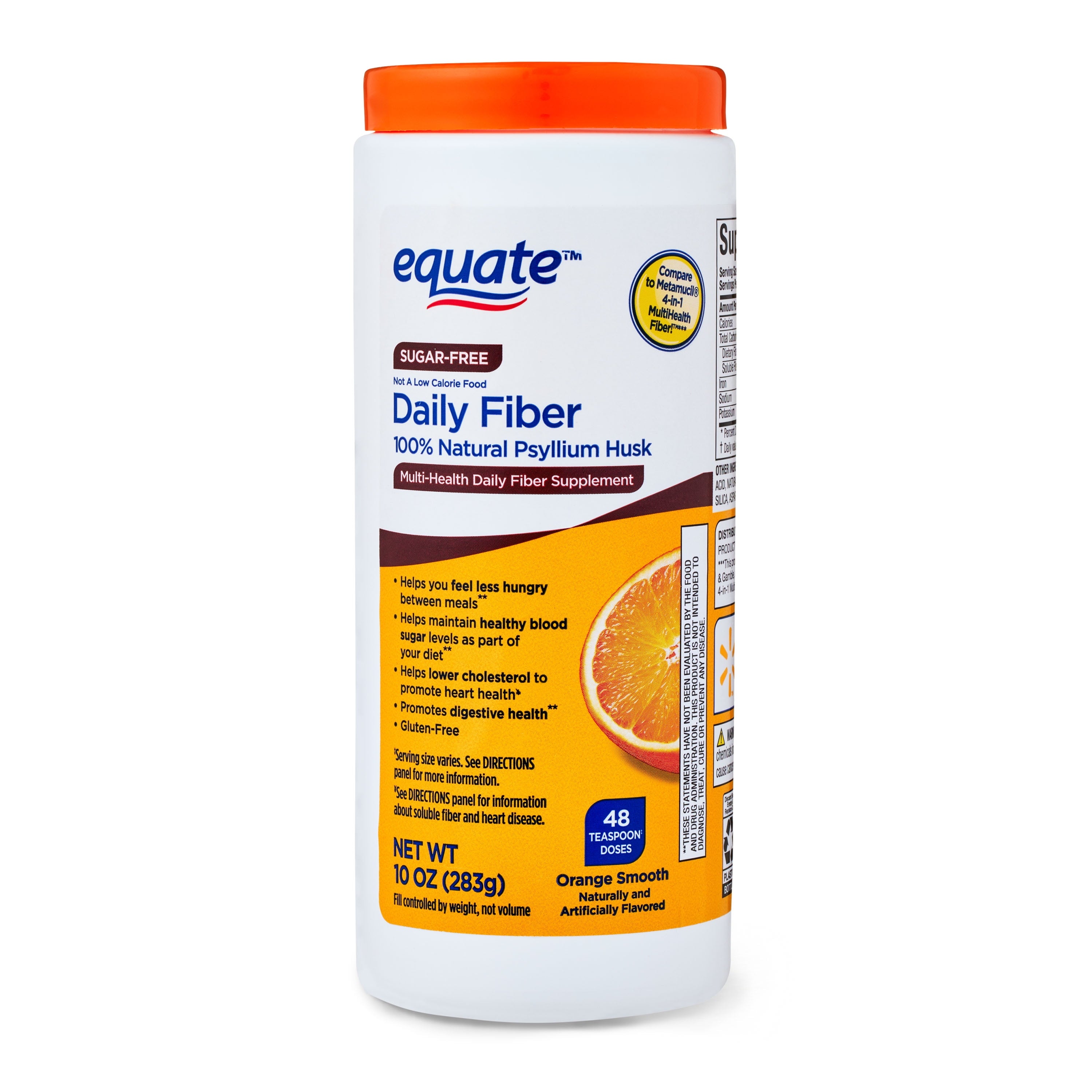 Equate Daily Fiber 100% Natural Psyllium Husk Fiber Supplement, Sugar-Free Orange Smooth, 10 oz, Compare to Metamucil® 4-in-1 Multihealth Fiber™