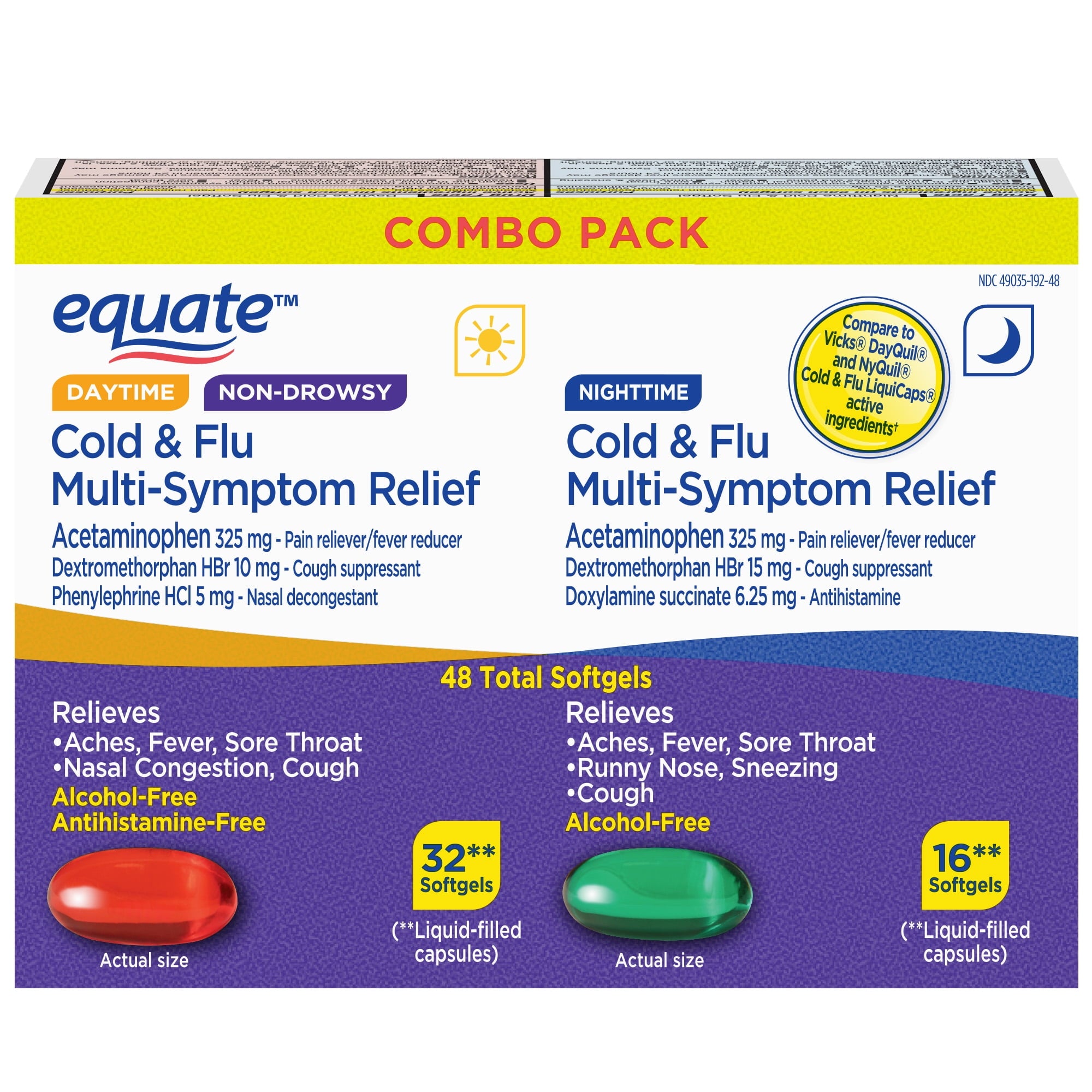 Equate Non-Drowsy Daytime and Nighttime Cold & Flu Multi-Symptom Relief Softgels, 48 Count (32 and 16 Count), Compare to Vicks® Dayquil® and Nyquil® Cold & Flu LiquiCaps® Active Ingredients