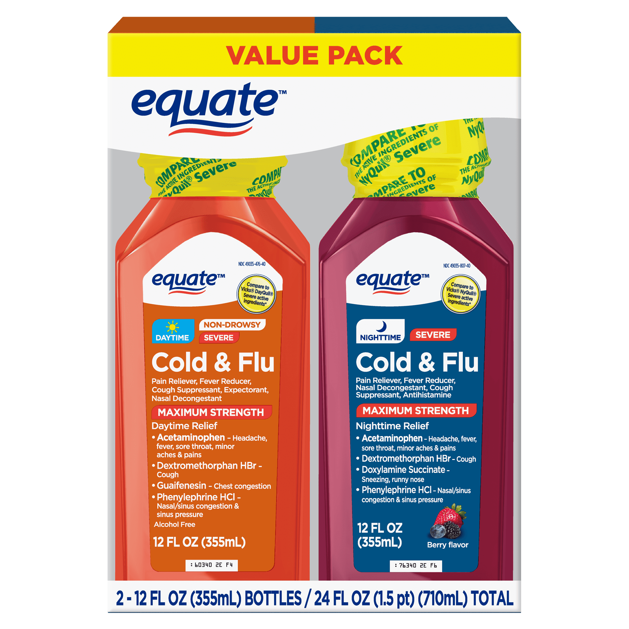 Equate Max Strength Severe Cold & Flu Relief Daytime and Nighttime Combo Pack, 12 fl oz
