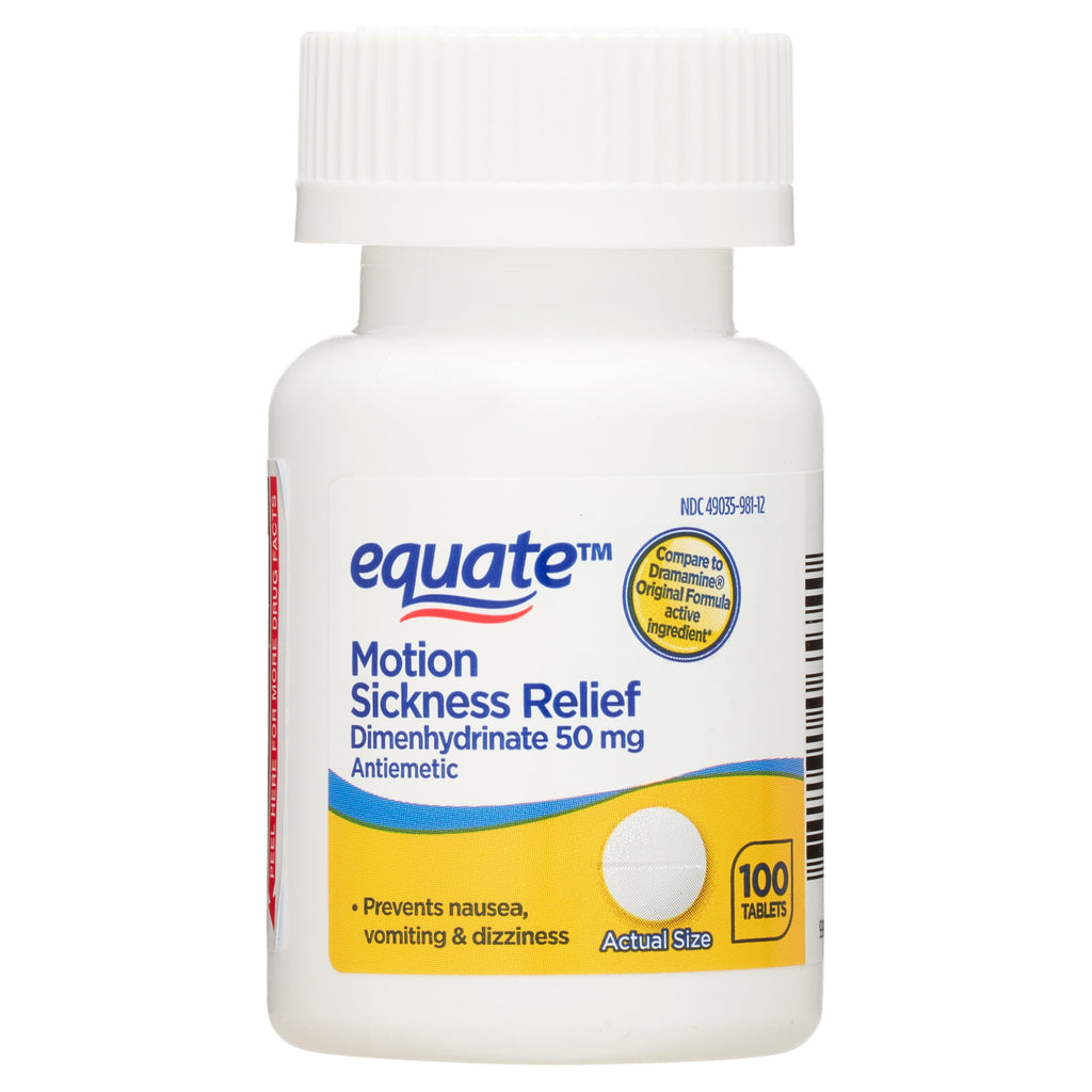 Equate Motion Sickness Relief Dimenhydrinate Tablets, 50mg, 100 Count, Compare to Dramamine® Original Formula Active Ingredients