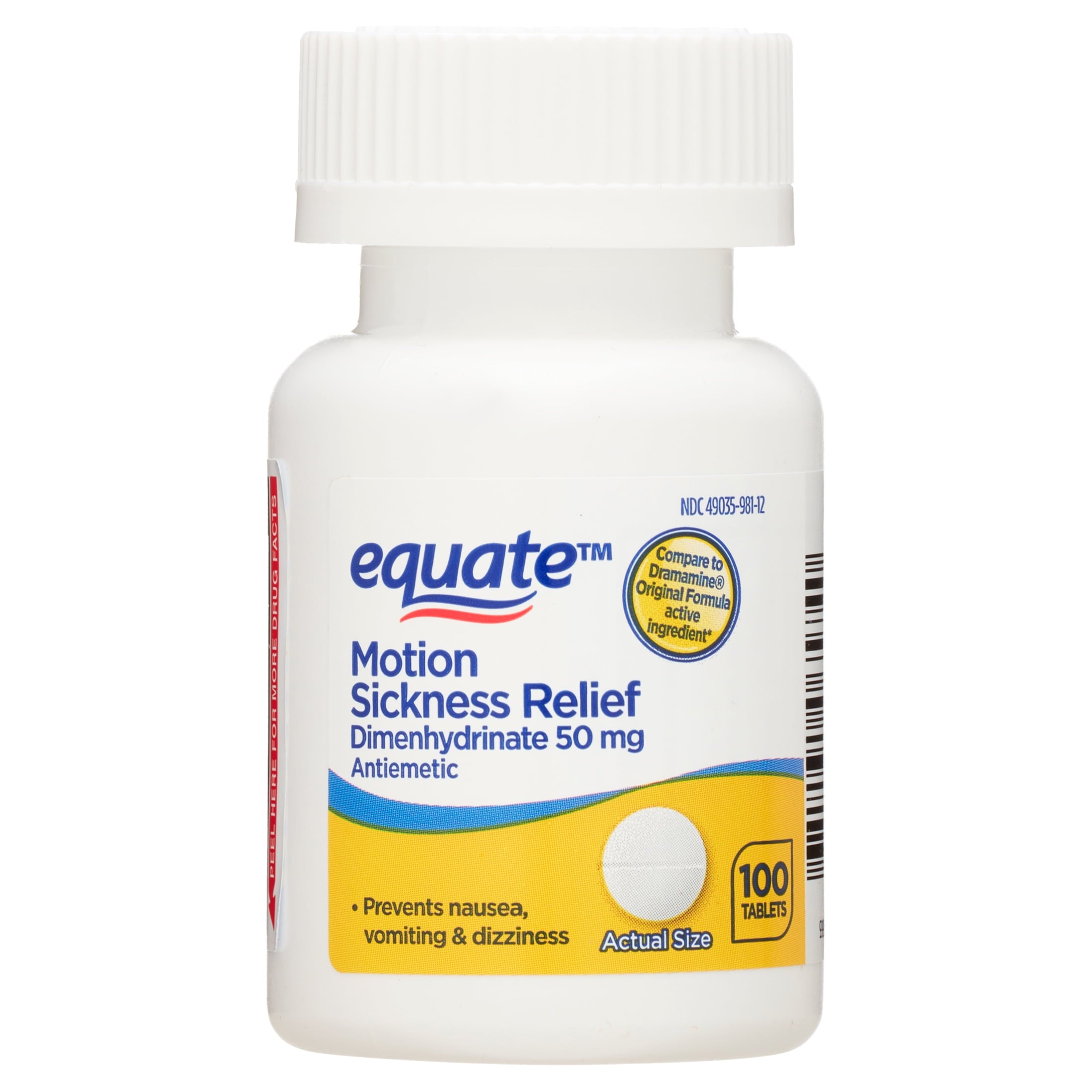 Equate Motion Sickness Relief Dimenhydrinate Tablets, 50mg, 100 Count, Compare to Dramamine® Original Formula Active Ingredients