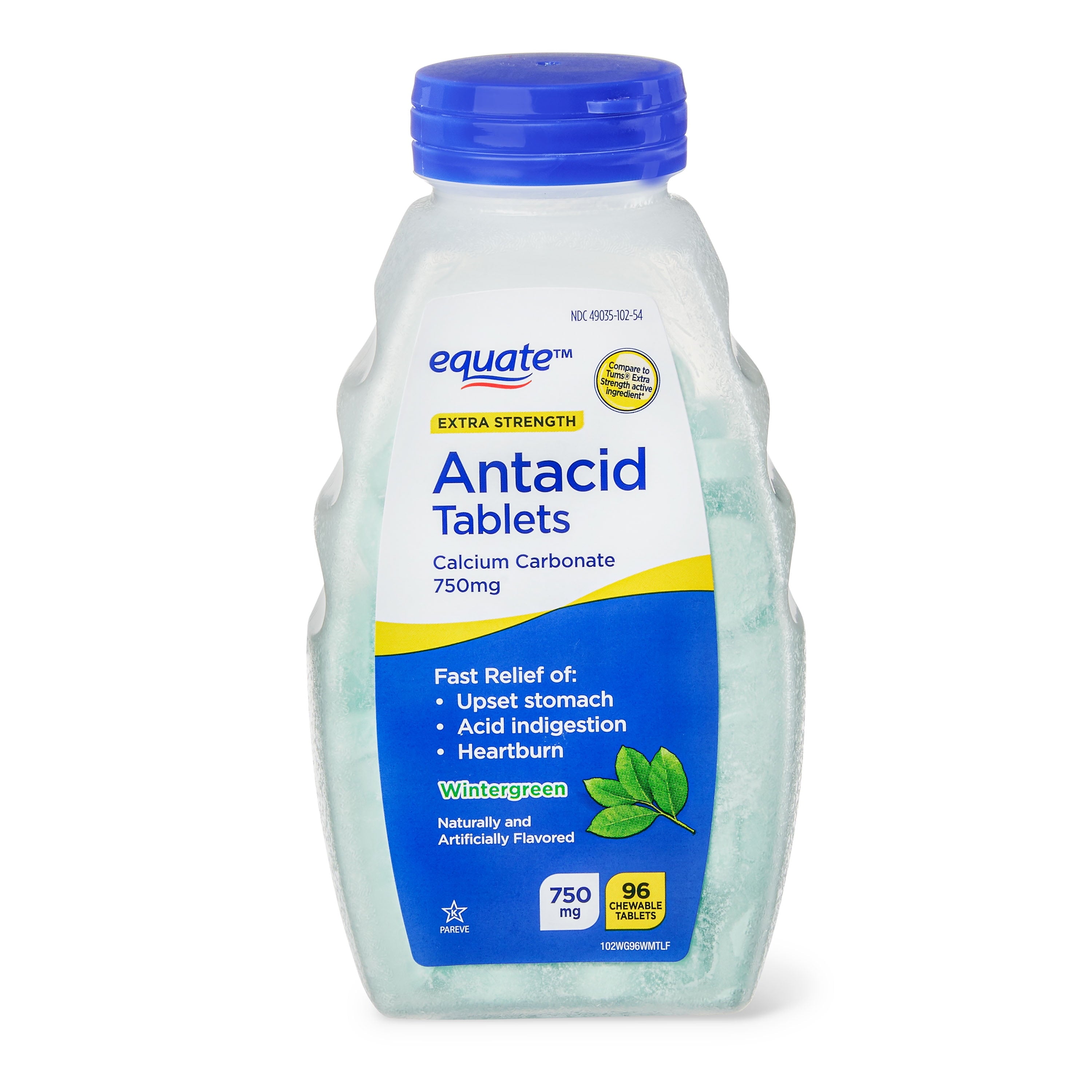 Equate Extra Strength Antacid Wintergreen Chewable Tablets, 750 mg, 96 Count, Compare to Tums® Extra Strength Active Ingredients