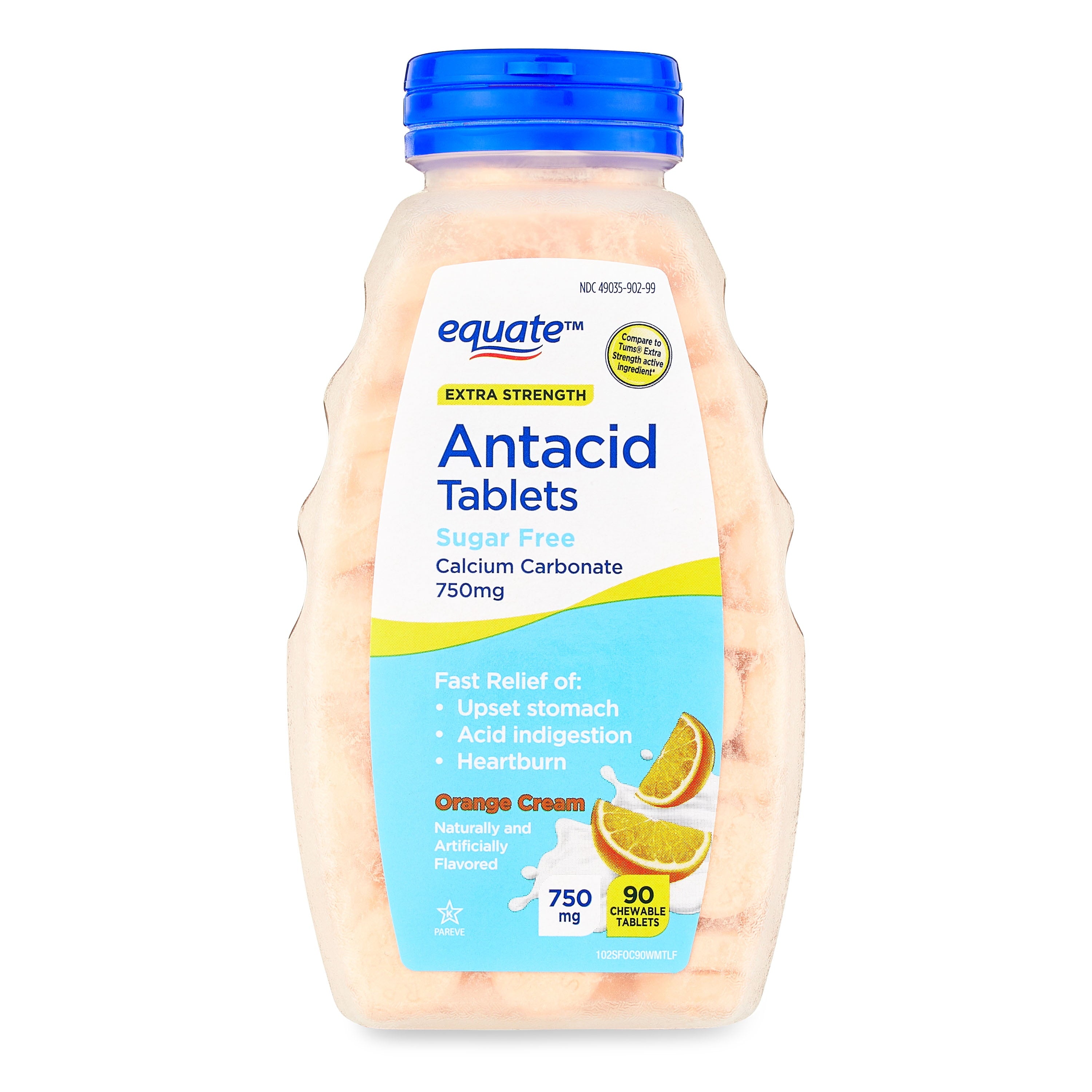 Equate Extra Strength Sugar-Free Antacid Orange Cream Chewable Tablets, 750 mg 90 Count, Compare to Tums® Extra Strength Active Ingredients