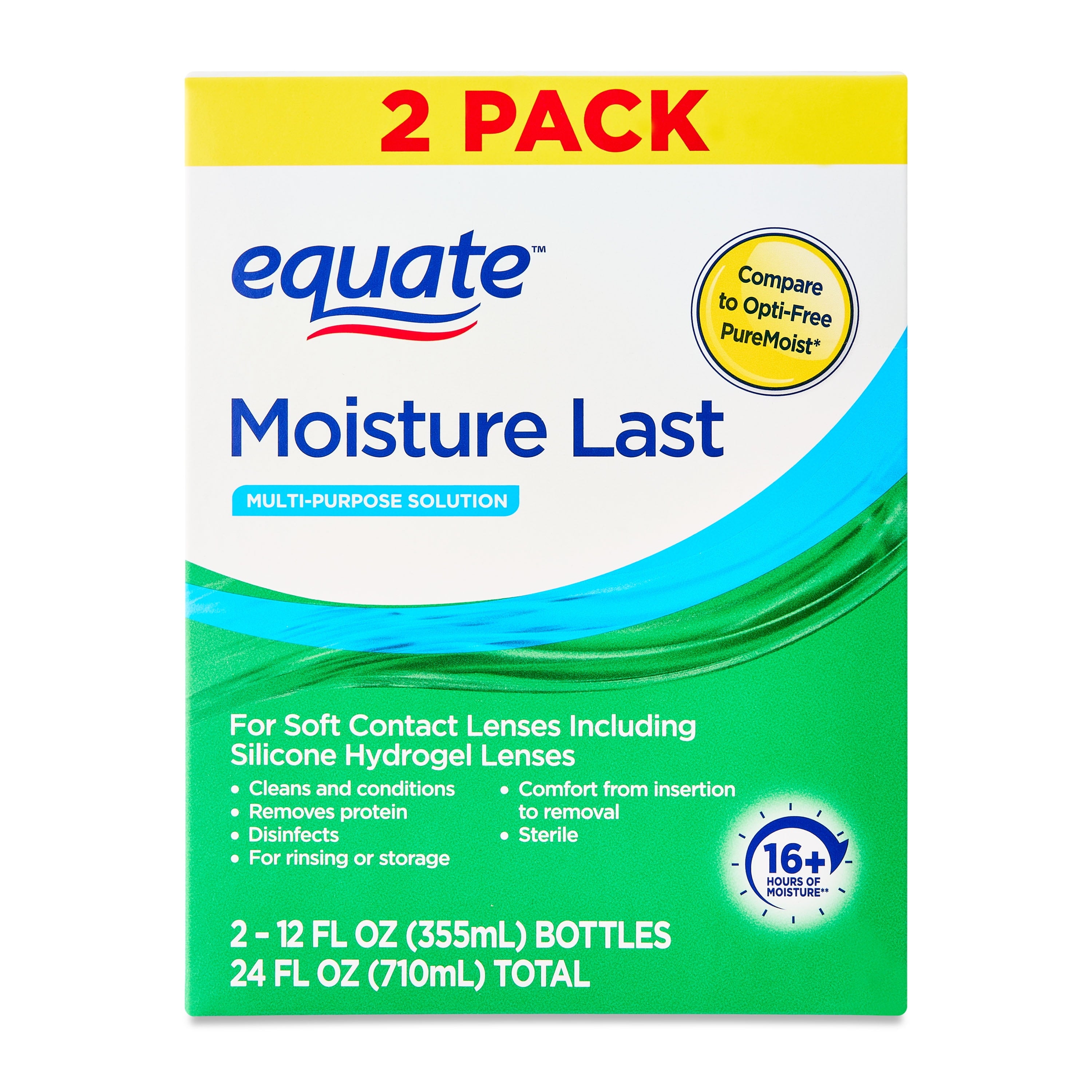 Equate Moisture Last Multi-Purpose Solution for Soft Contact Lenses, 24 fl oz (2x12 fl oz), Compare to Opti-Free Pure Moist