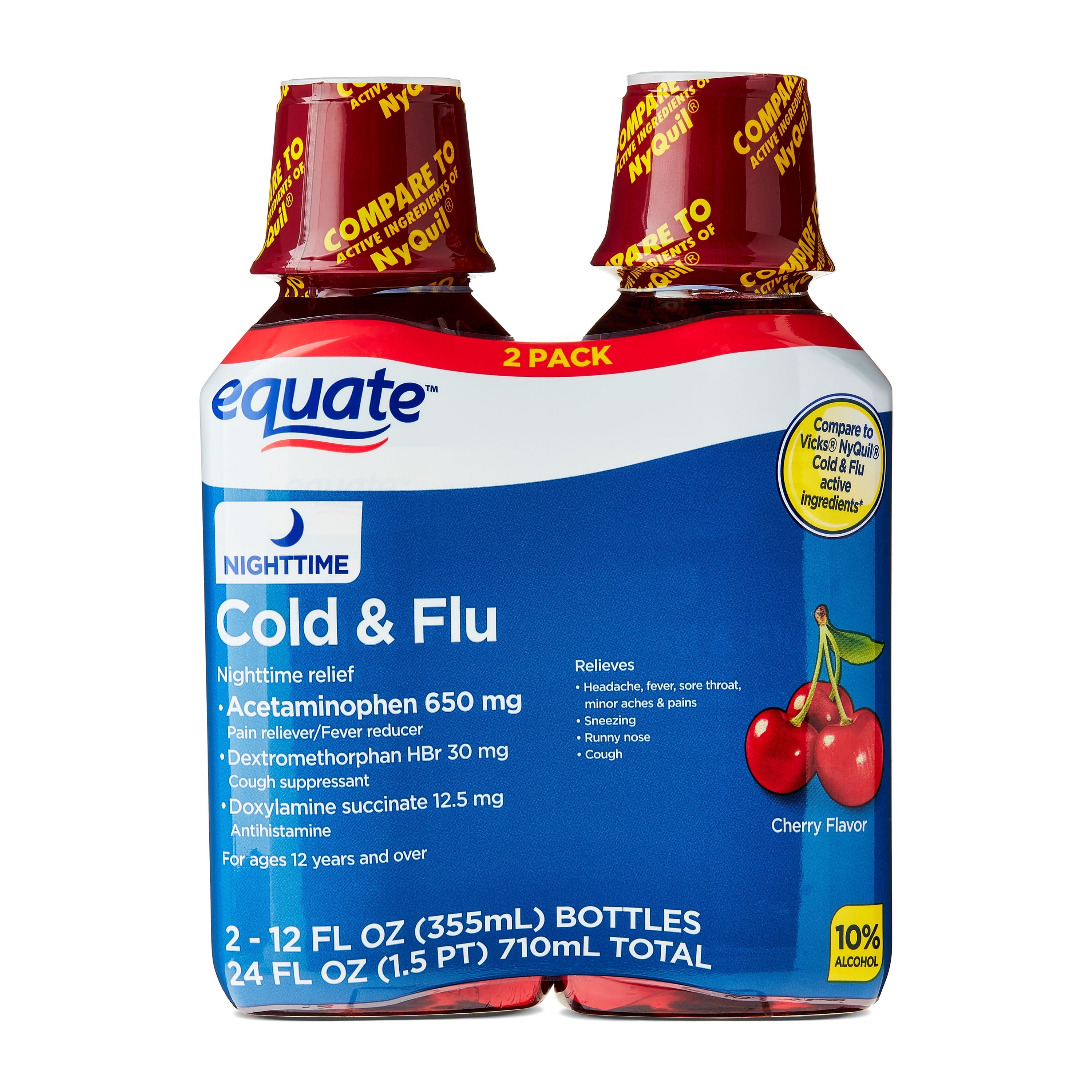 Equate Nighttime Cold and Flu Relief Liquid, Cherry Flavor, 24 fl oz (2x12 fl oz), Compare to Vicks® Nyquil® Cold & Flu Active Ingredients