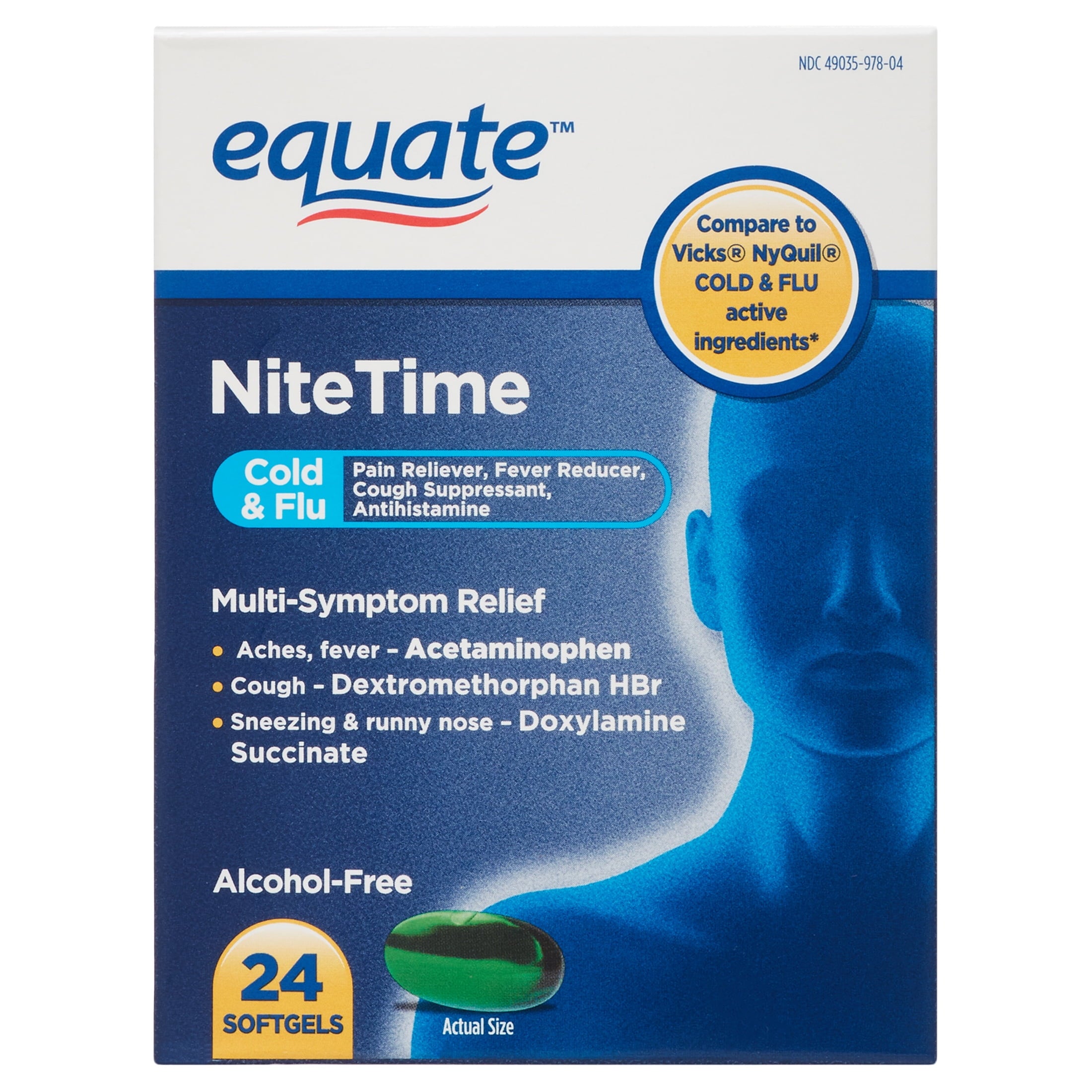Equate Nighttime Multi-Symptom Cold and Flu Softgels, 24 Count, Compare to Vicks® Nyquil® Cold & Flu Active Ingredients
