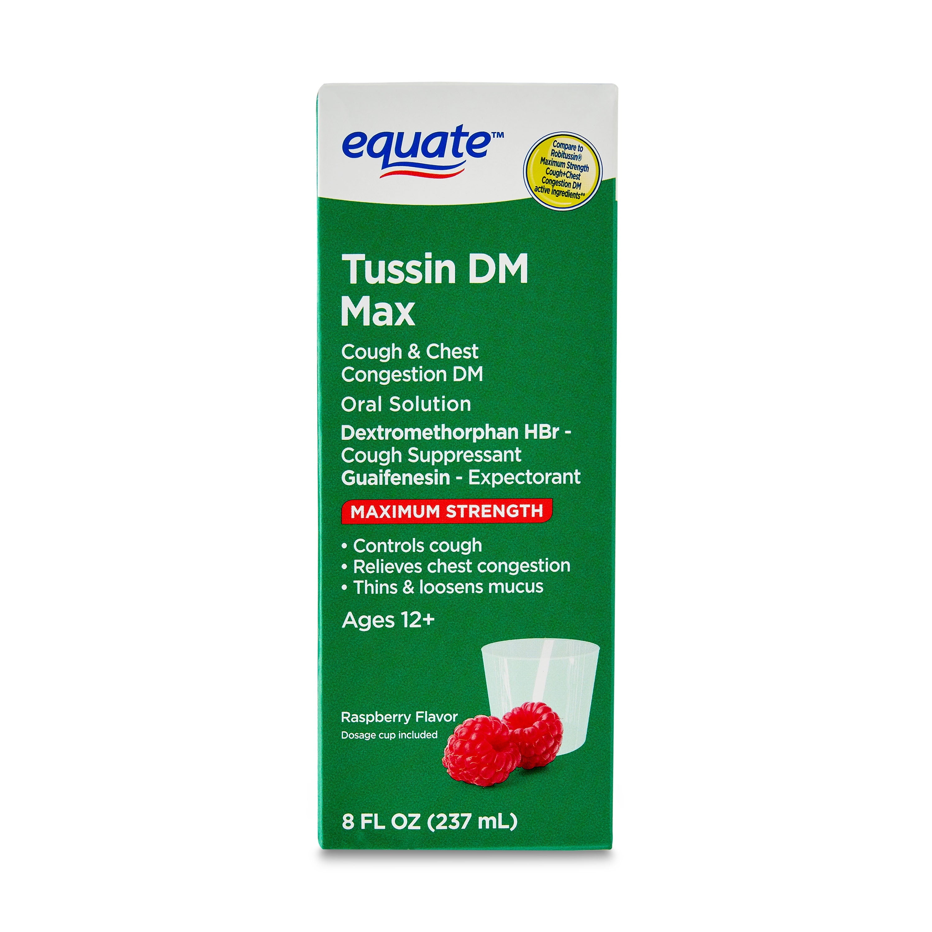 Equate Maximum Strength Non-Drowsy Tussin DM Max Cough and Chest Congestion Liquid, Raspberry Flavor, 8 fl oz, Compare to Robitussin® Maximum Strength Cough + Chest Congestion DM Active Ingredients
