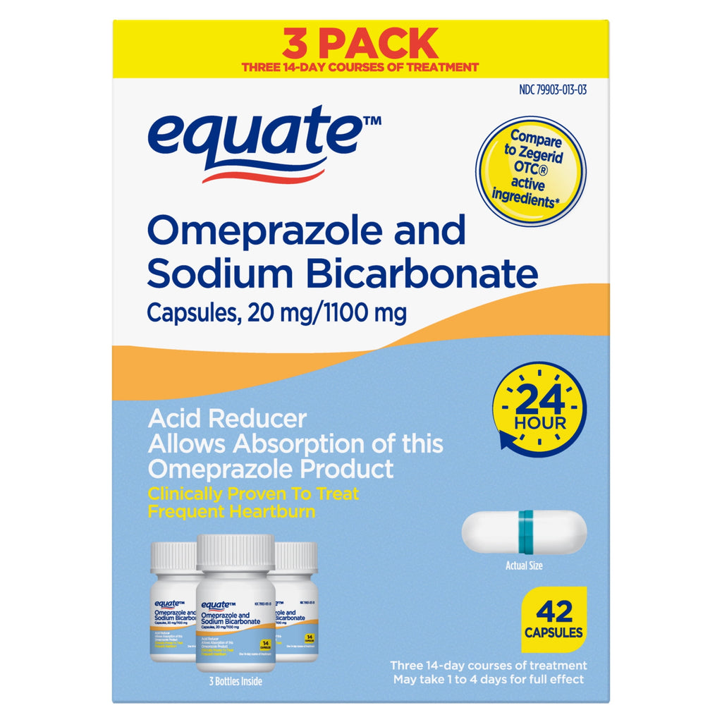 Equate Omeprazole and Sodium Bicarbonate Capsules 20 mg/1100 mg, Acid Reducer, 42 Count, Compare to Zegerid OTC Active Ingredient