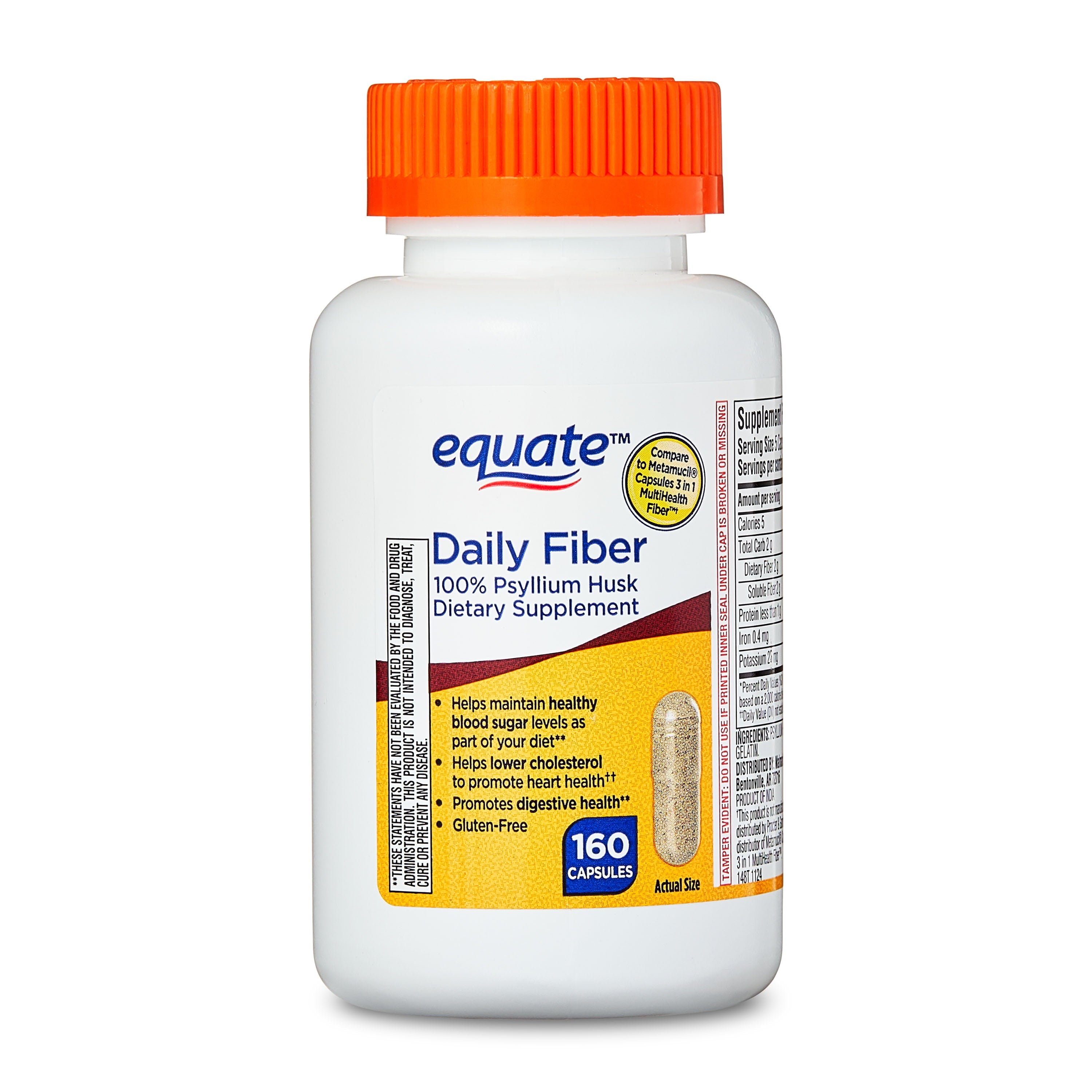Equate Psyllium Husk Capsules 160 Count, Compare to Metamucil® Capsules 3 in 1 MultiHealth Fiber