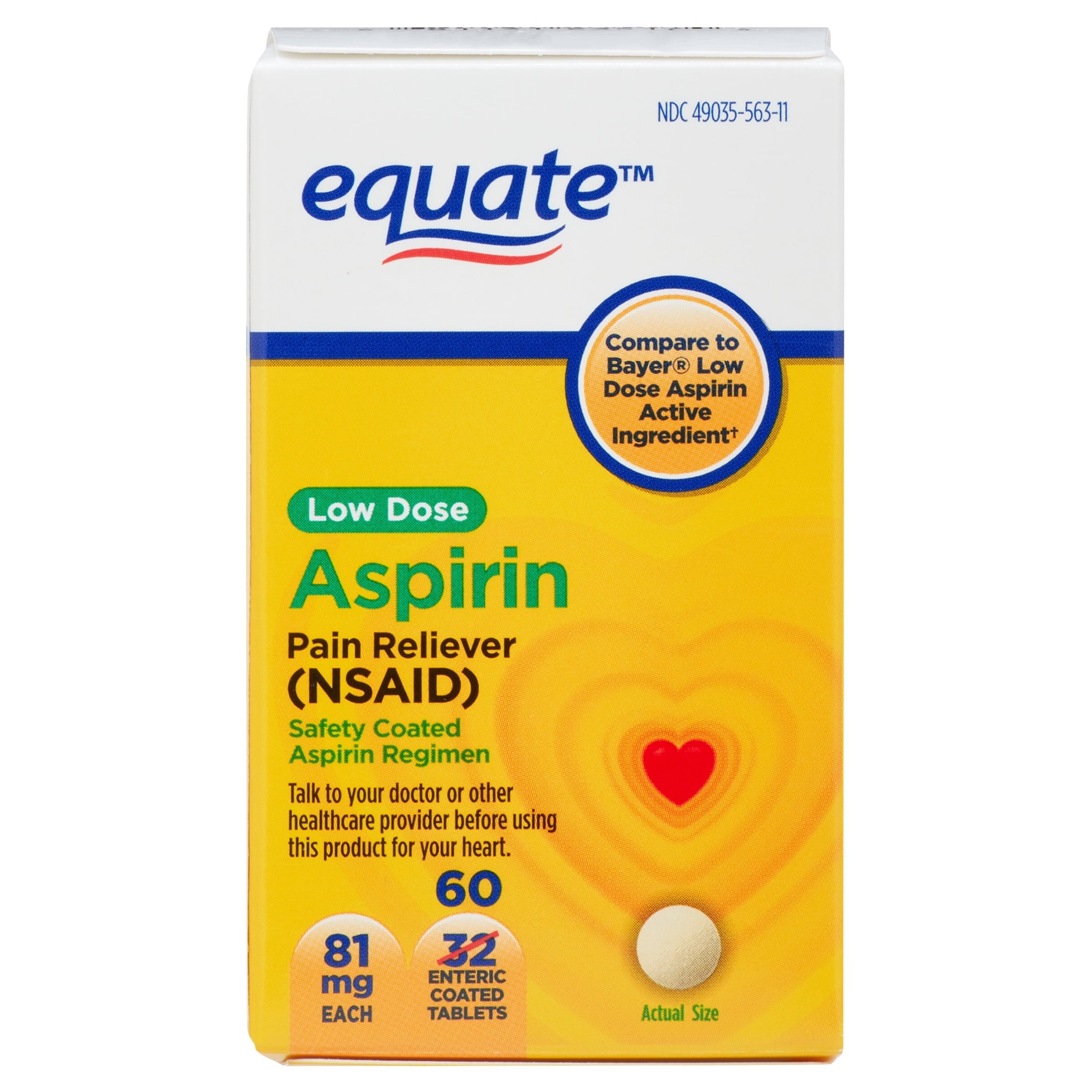 Equate Low Dose Aspirin Pain Relief Safety Coated Tablets, 81 mg, 60 Count, Compare to Bayer® Low Dose Aspirin Active Ingredient