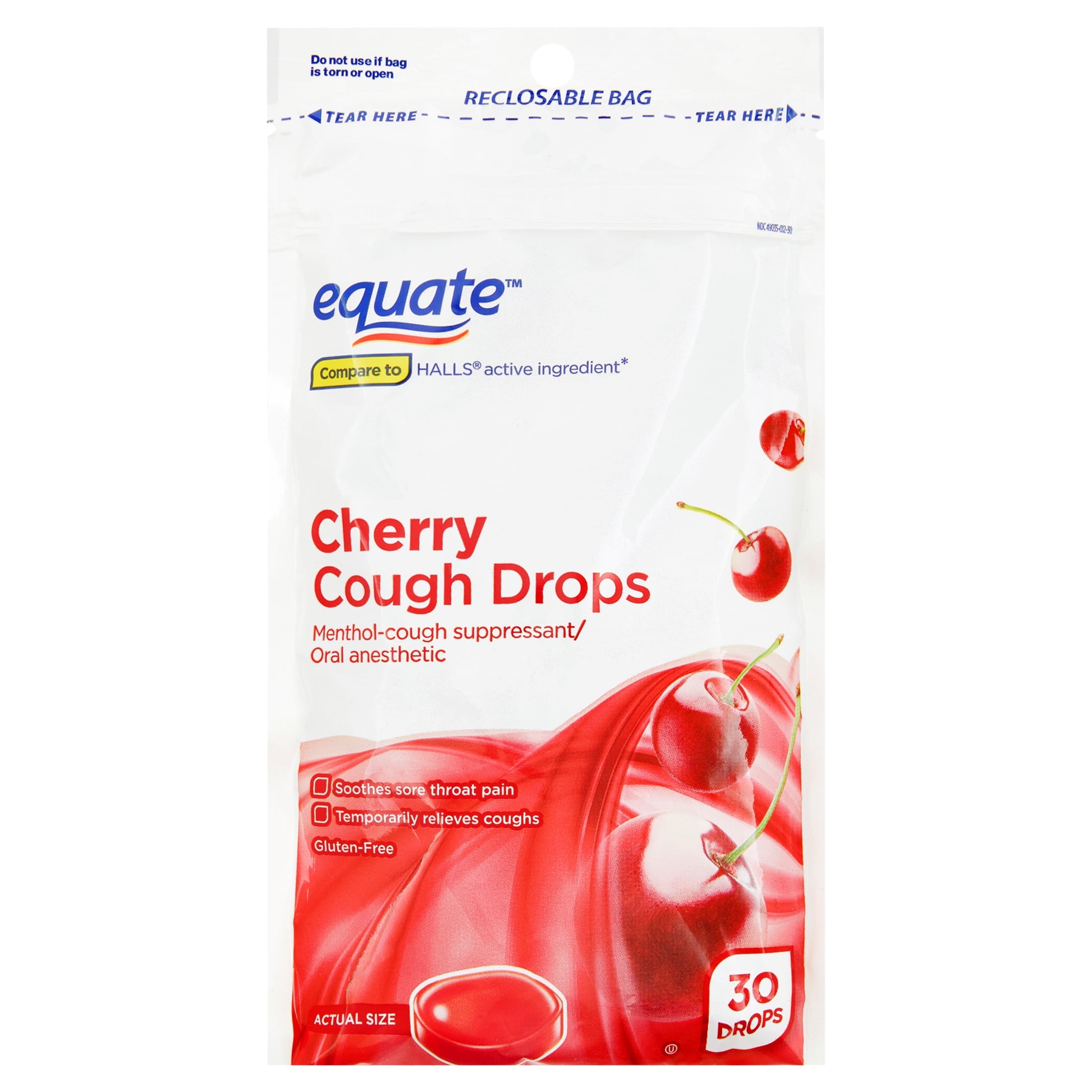 Equate Sore Throat and Cough Relief Menthol Cough Drops, Cherry Flavor, 30 Count, Compare to the Active Ingredient in HALLS®