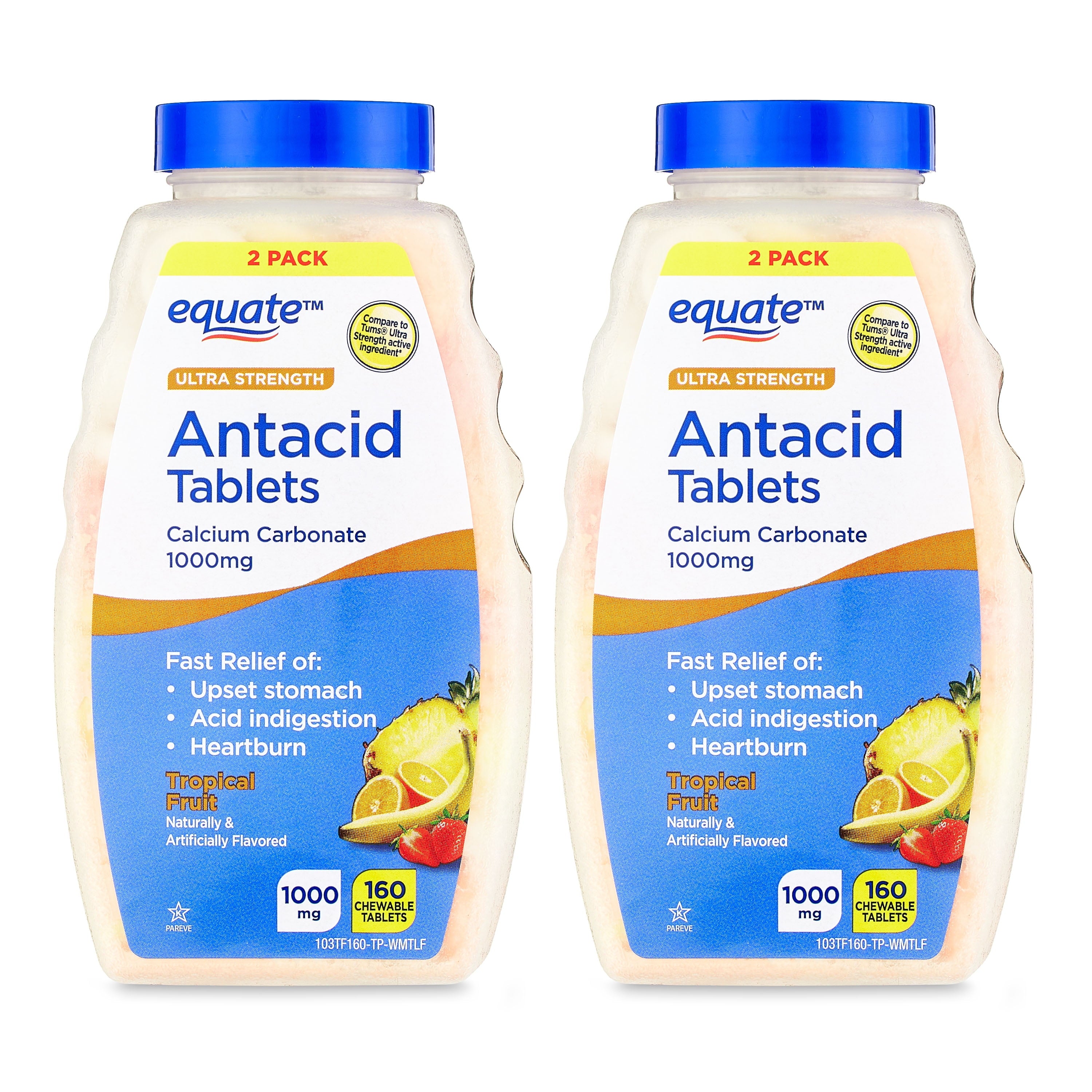 Equate Ultra Strength Antacid Chewable Tablets, Tropical Fruit, Twin Pack, 160 Count, Compare to Tums® Ultra Strength Active Ingredient