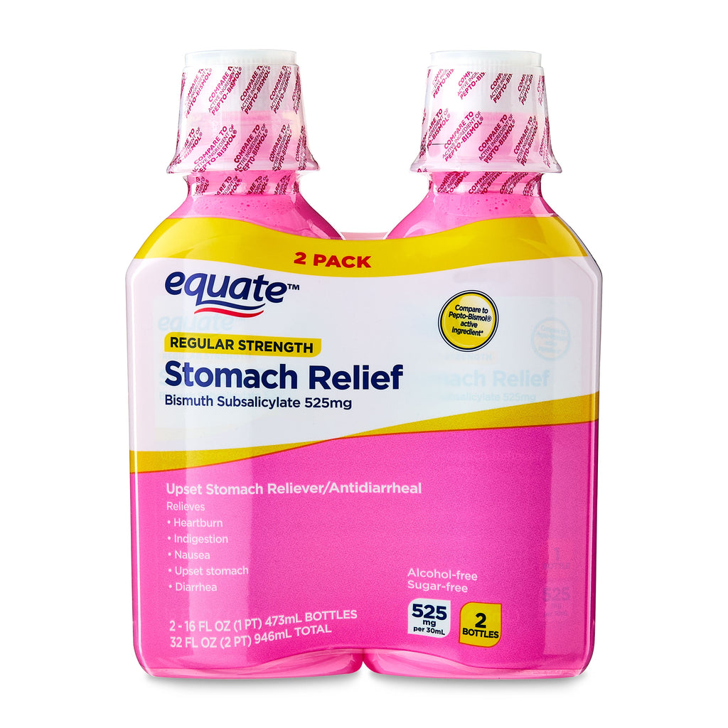 Equate Upset Stomach Relief Bismuth Liquid, Regular Strength, 16 fl oz, 2 Pack, Compare to Pepto-Bismol® Active Ingredient