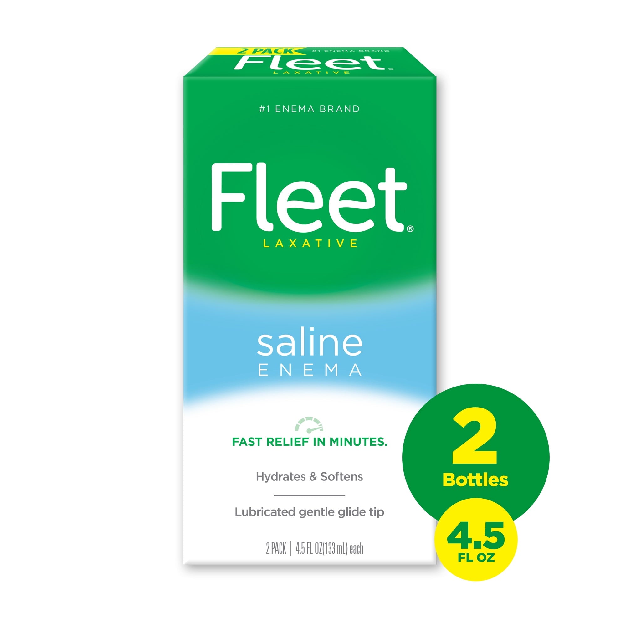 Fleet Laxatives, Saline Enema for Adult Constipation Relief, Prefilled Enemas, 4.5 fl oz, 2 Bottles