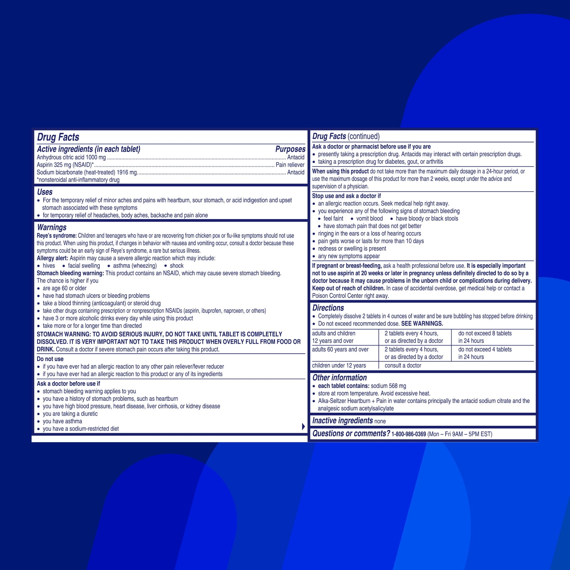 Alka-Seltzer Heartburn + Pain, Aspirin + Antacid Tablets for Fast Pain Relief, Heartburn Relief & Acid Indigestion Relief, 72 Ct