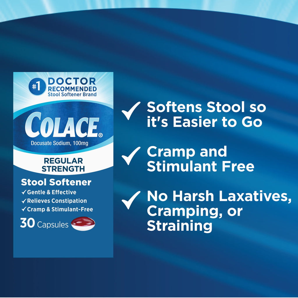 Colace® Regular Strength Stool Softener for Constipation Relief, 100mg Capsules, 30 Ct