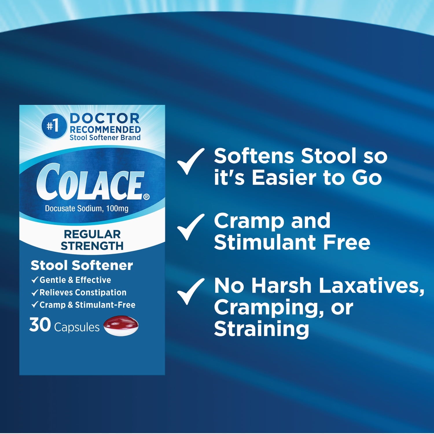 Colace® Regular Strength Stool Softener for Constipation Relief, 100mg Capsules, 30 Ct