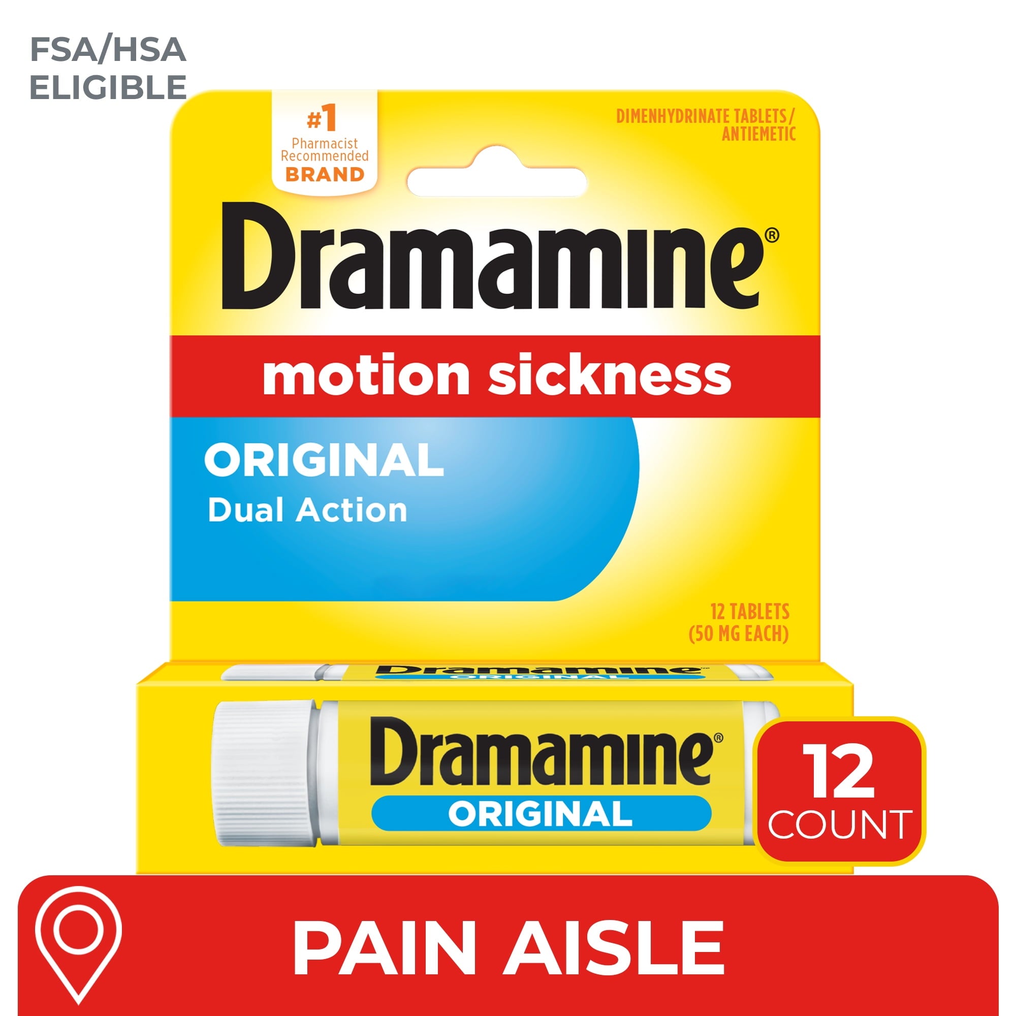 (2 pack) Dramamine Original, Motion Sickness Relief, Sensitive Stomach Travel Vial, 12 Count