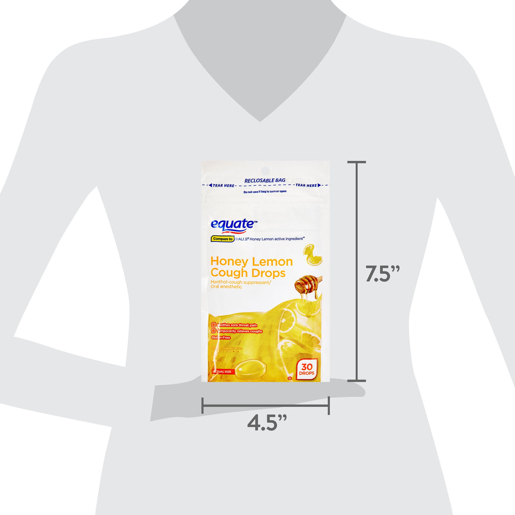 Equate Sore Throat and Cough Relief Menthol Cough Drops, Honey Lemon Flavor, 30 Count, Compare to HALLS® Honey Lemon Active Ingredient