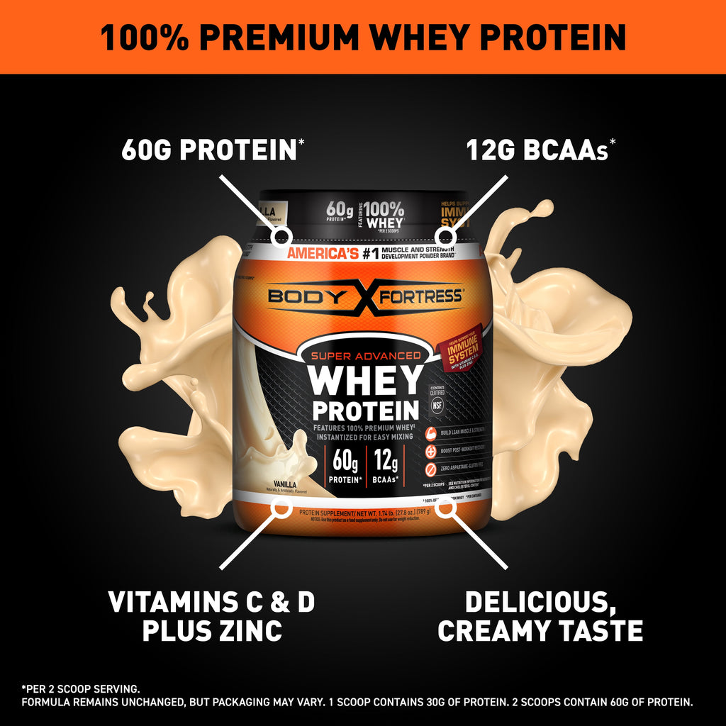Body Fortress Super Advanced 100% Premium Whey Protein Powder, Vanilla, 1.74lbs (Packaging May Vary)
