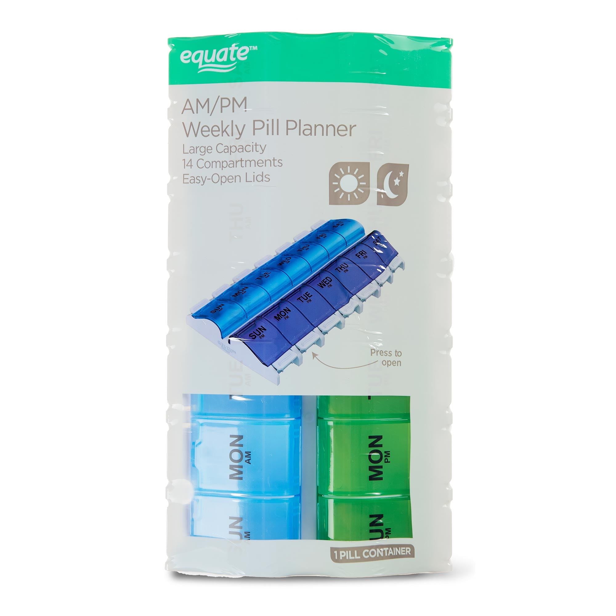 Equate AM/PM Weekly Pill Planner, Large Capacity Easy Open Pill Case
