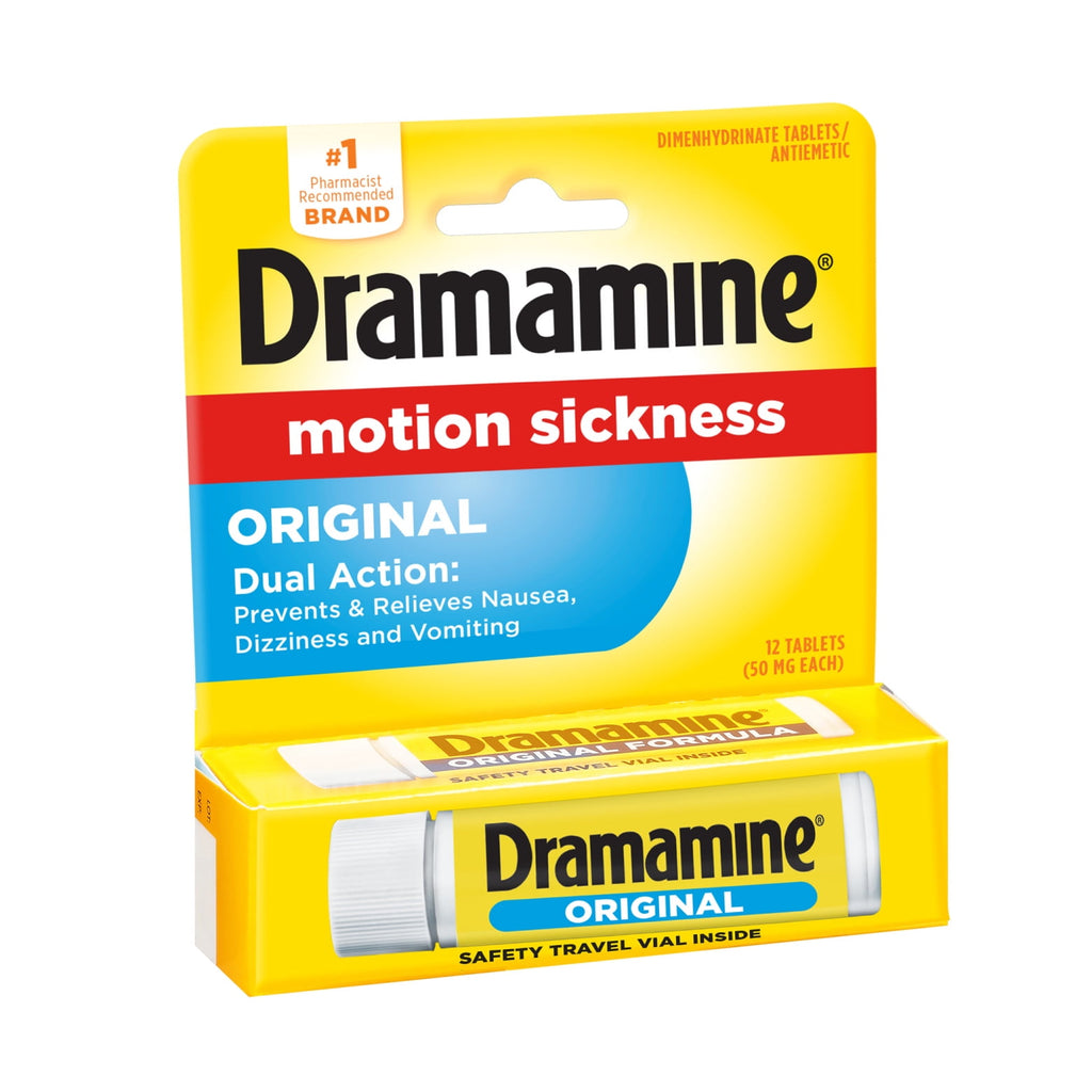 (2 pack) Dramamine Original, Motion Sickness Relief, Sensitive Stomach Travel Vial, 12 Count