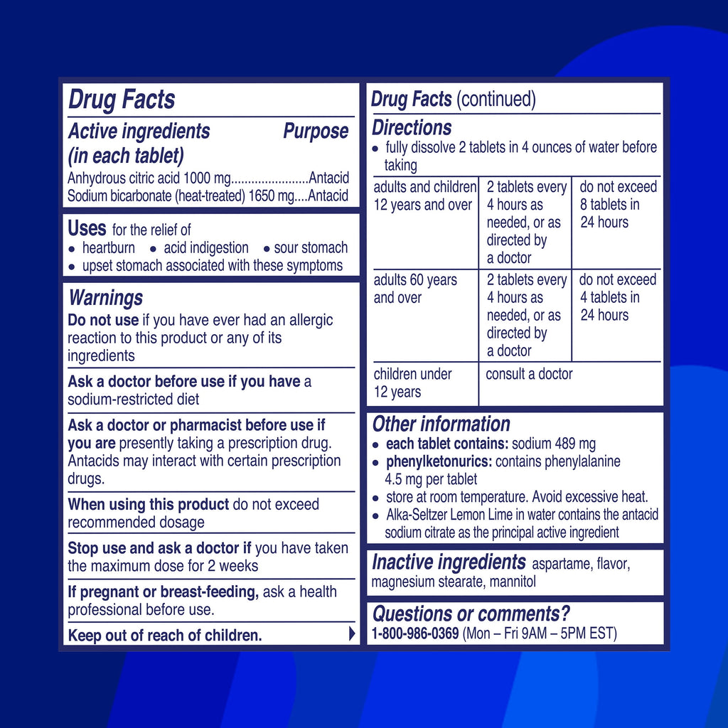 Alka-Seltzer Lemon Lime Heartburn Relief tablets, Fast Acid Indigestion Relief, 36 Ct
