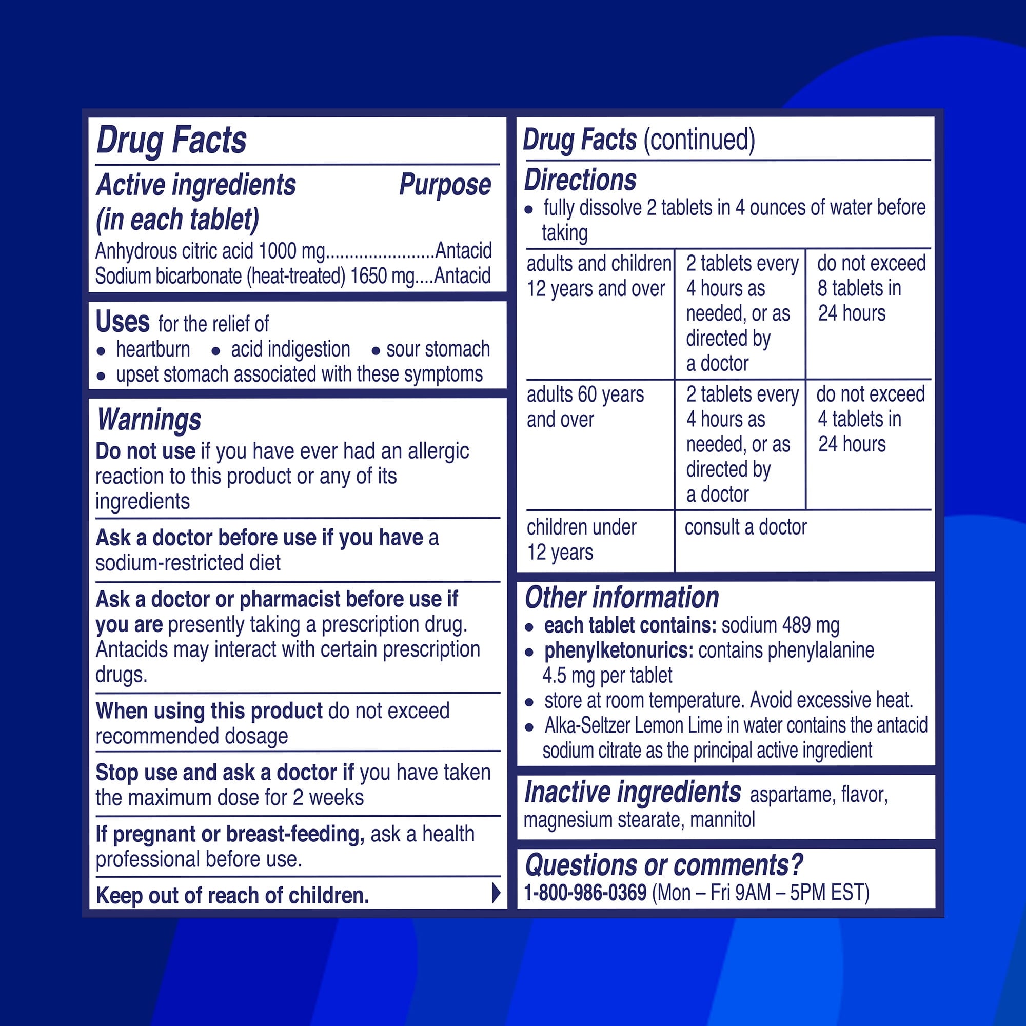 Alka-Seltzer Lemon Lime Heartburn Relief tablets, Fast Acid Indigestion Relief, 36 Ct