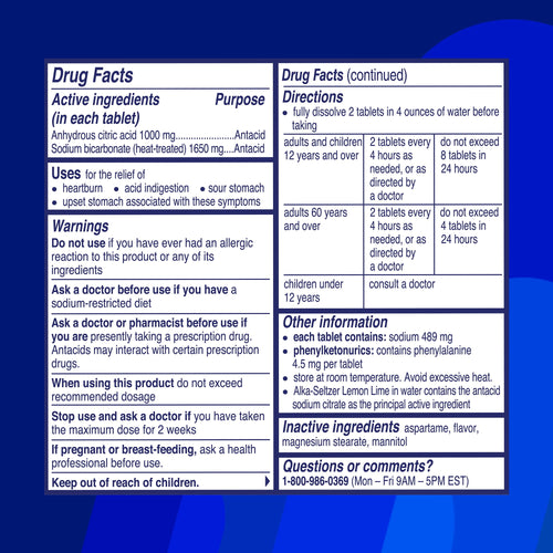 Alka-Seltzer Lemon Lime Heartburn Relief tablets, Fast Acid Indigestion Relief, 36 Ct