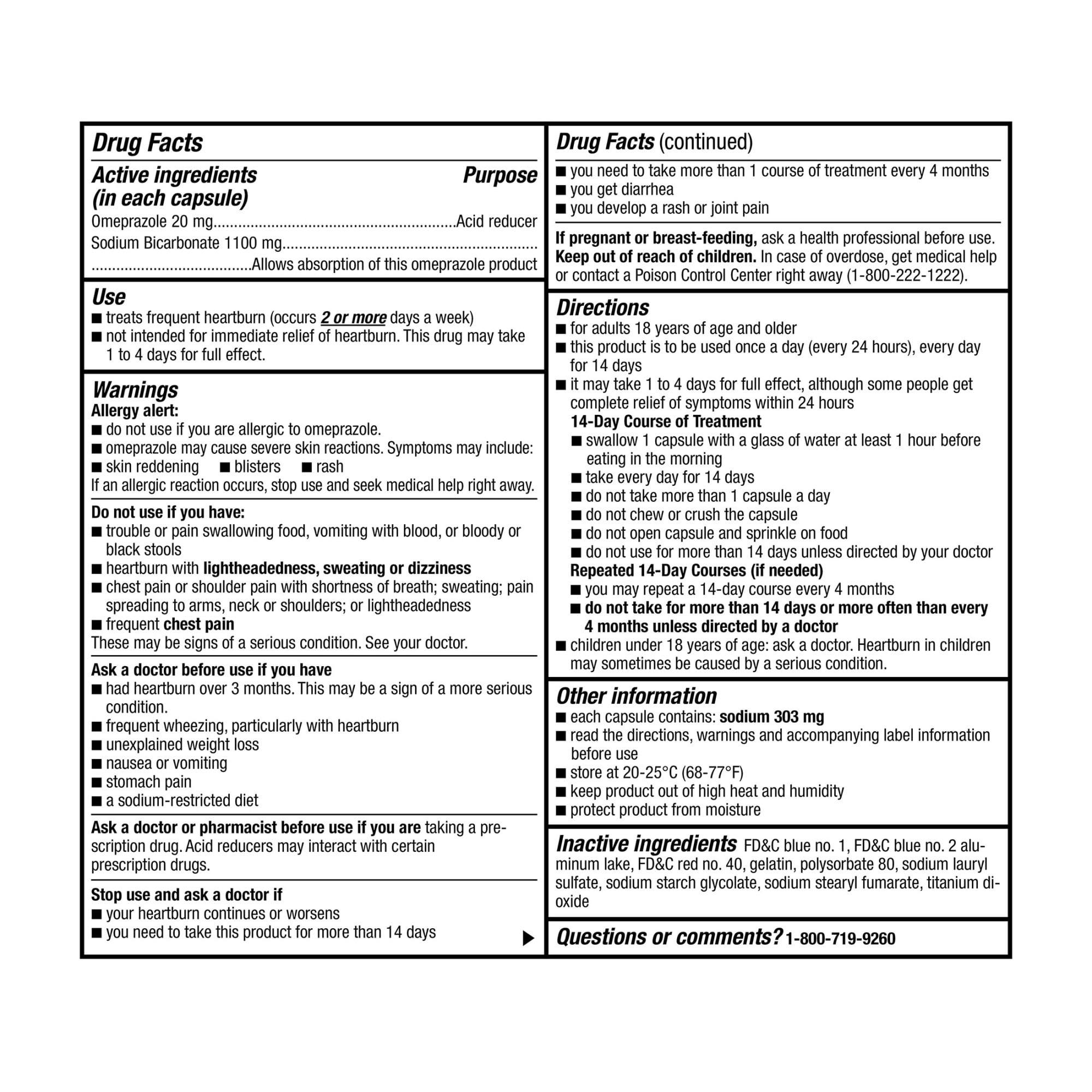 Equate Omeprazole and Sodium Bicarbonate Capsules 20 mg/1100 mg, Acid Reducer, 42 Count, Compare to Zegerid OTC Active Ingredient