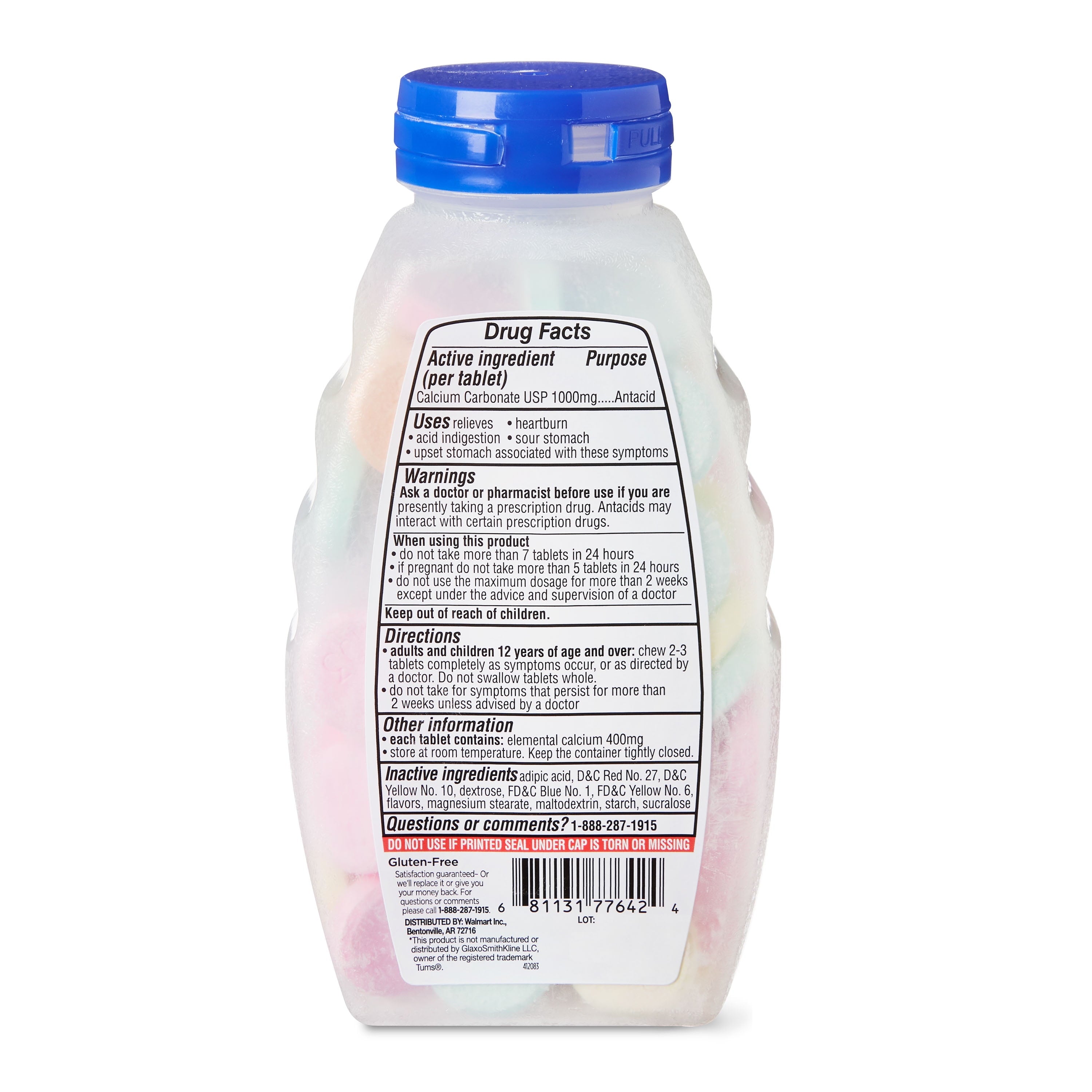 Equate Ultra Strength Antacid Assorted Fruit Chewable Tablets, 1000 mg 72 Count, Compare to Tums® Ultra Strength Active Ingredient