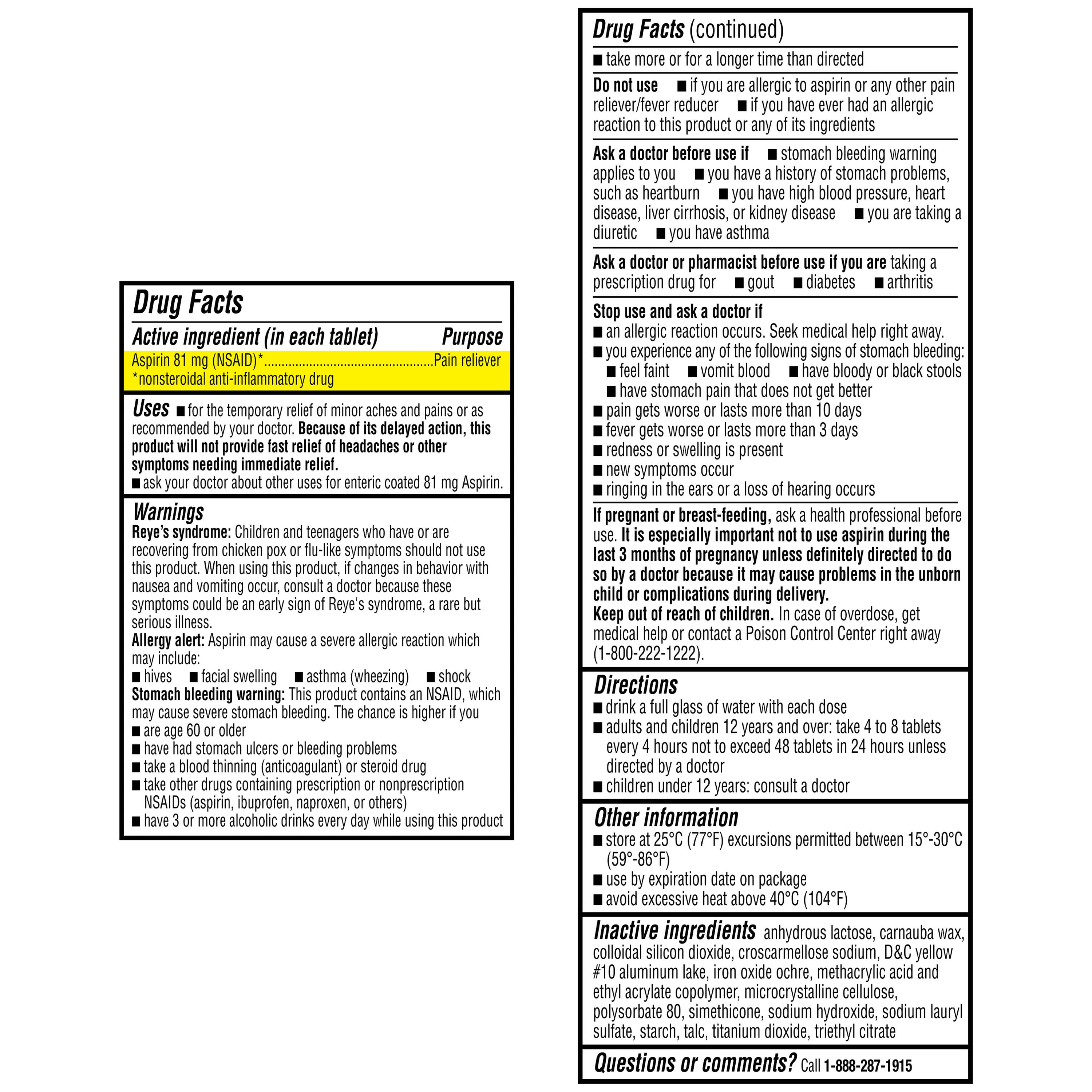 Equate Low Dose Aspirin Pain Relief Safety Coated Tablets, 81 mg, 500 Count, Compare to Bayer® Low Dose Aspirin Active Ingredient