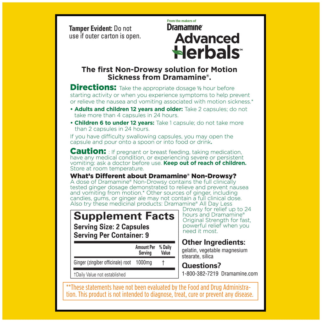 Advanced Herbals by Dramamine, Non-Drowsy Motion Sickness Relief, with Natural Ginger, 18 Count