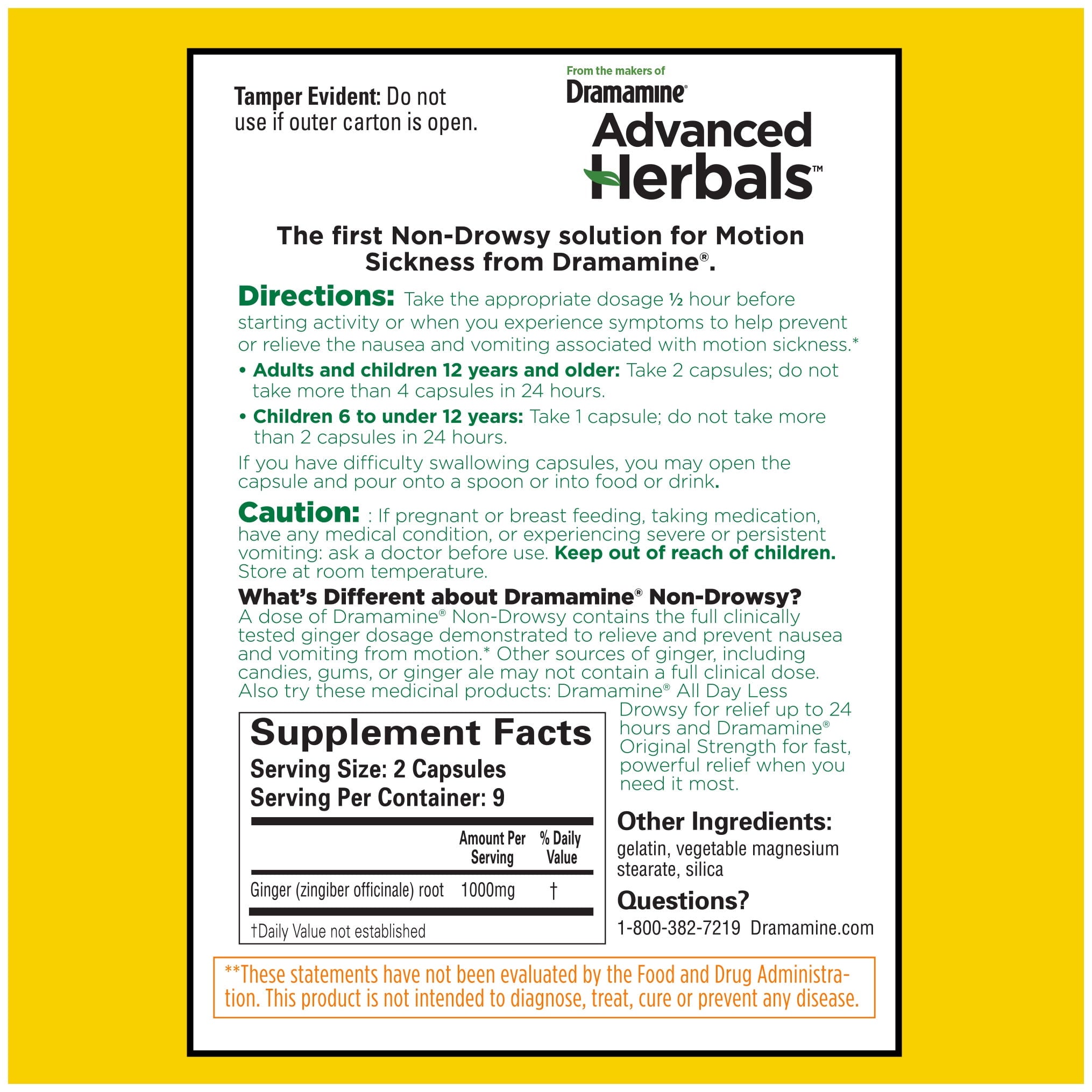 Advanced Herbals by Dramamine, Non-Drowsy Motion Sickness Relief, with Natural Ginger, 18 Count