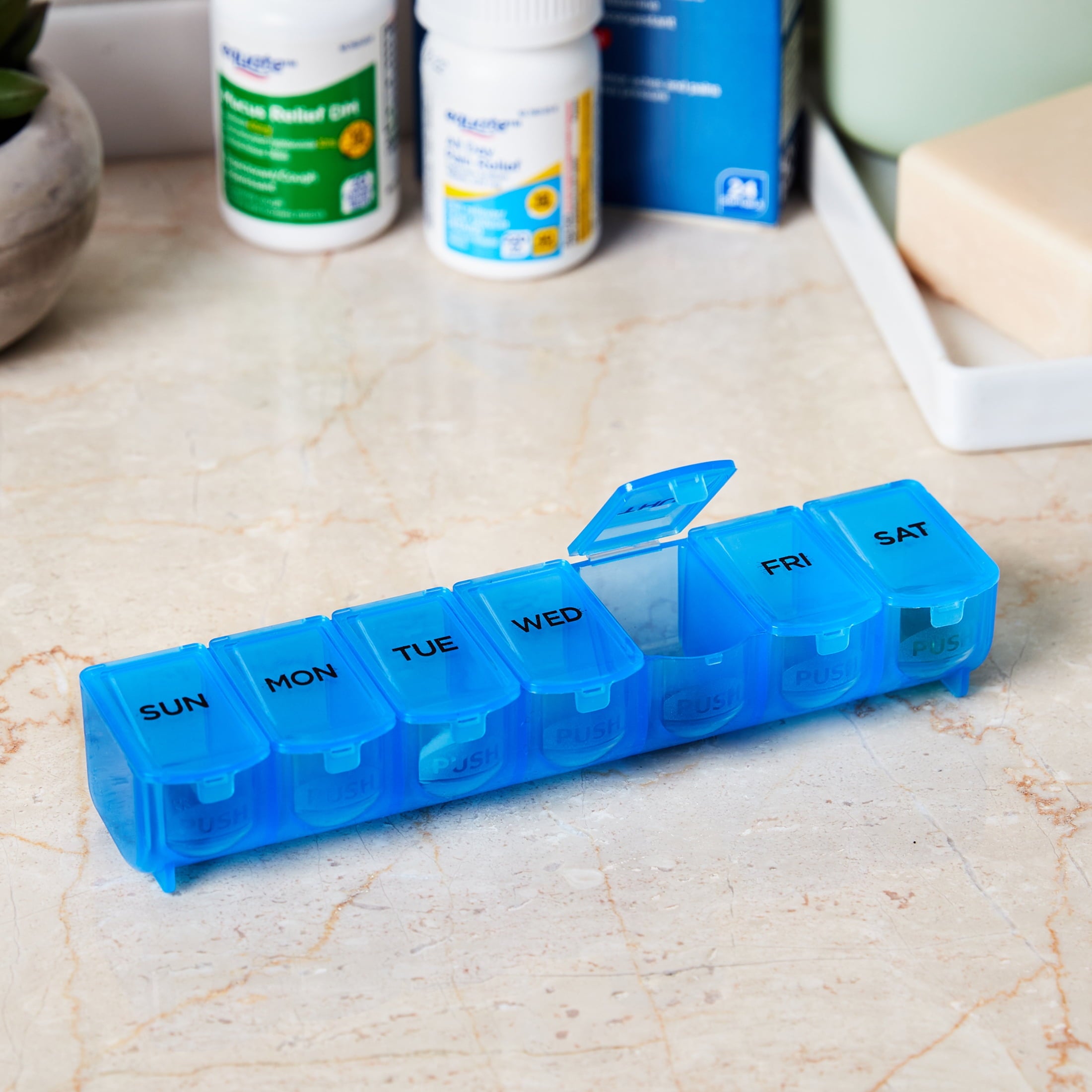 Equate Weekly Pill Planner and Pill Box Organizer, Contains 7 Compartments, Compact, Travel-Friendly