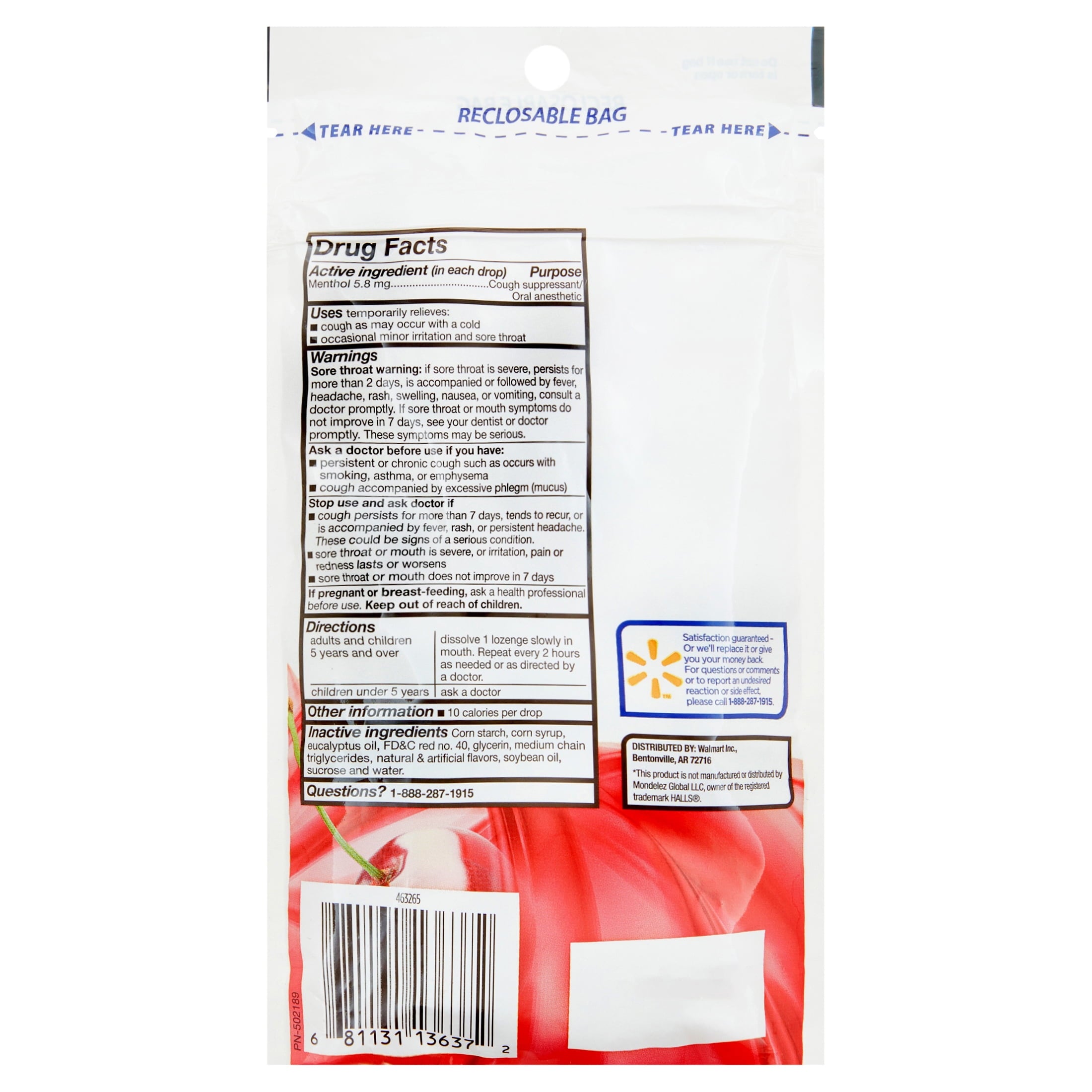 Equate Sore Throat and Cough Relief Menthol Cough Drops, Cherry Flavor, 30 Count, Compare to the Active Ingredient in HALLS®