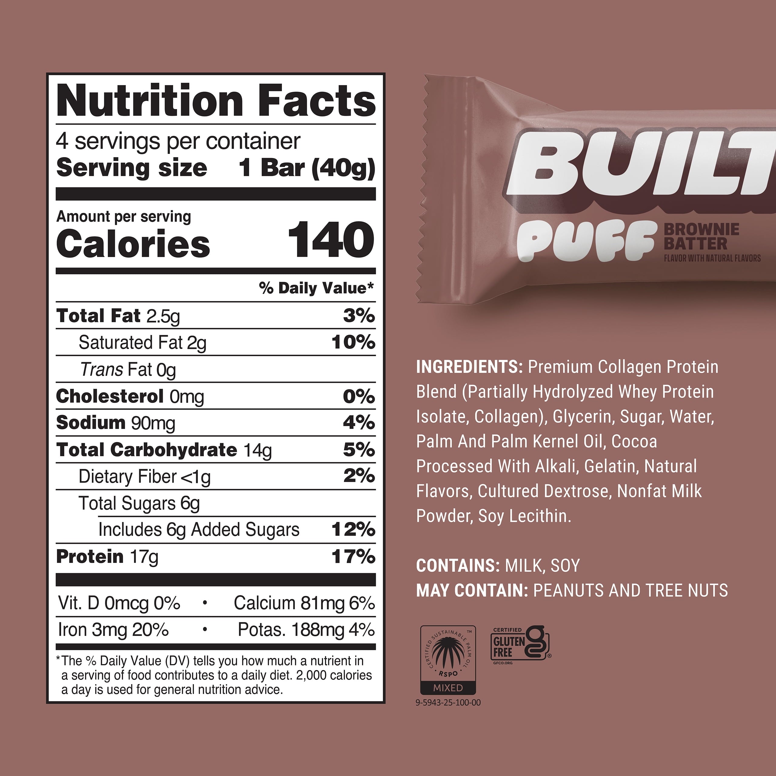 BUILT Puff Protein Bar, Brownie Batter, 17g Protein, Collagen, 140 Calories, 4 Count Box, 1.41 oz Bars