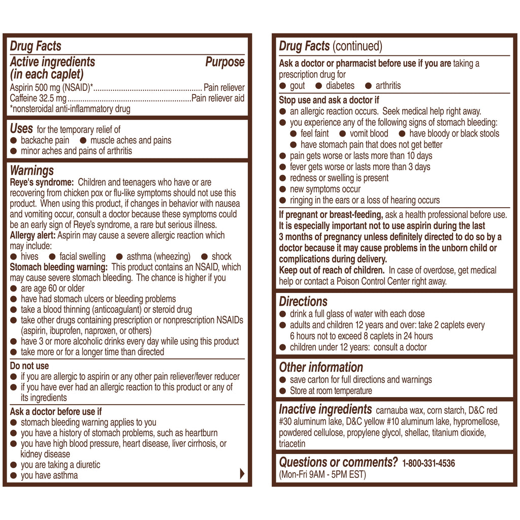 Bayer Back and Body Extra Strength Aspirin 500mg, Aspirin Plus 32.5 mg Caffeine Pain Reliever, Powerful Back and Body Pain Relief, 100 Coated Caplets