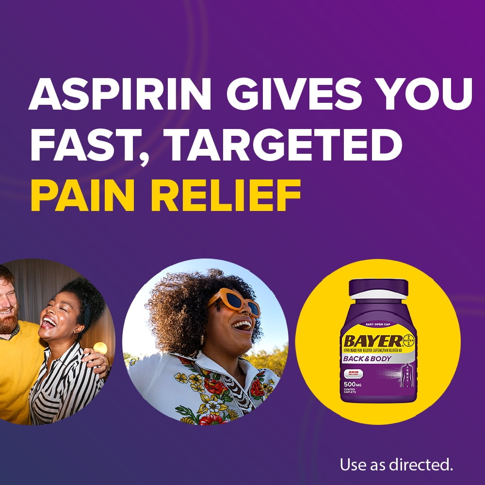 Bayer Back and Body Extra Strength Aspirin 500mg, Aspirin Plus 32.5 mg Caffeine Pain Reliever, Powerful Back and Body Pain Relief, 100 Coated Caplets