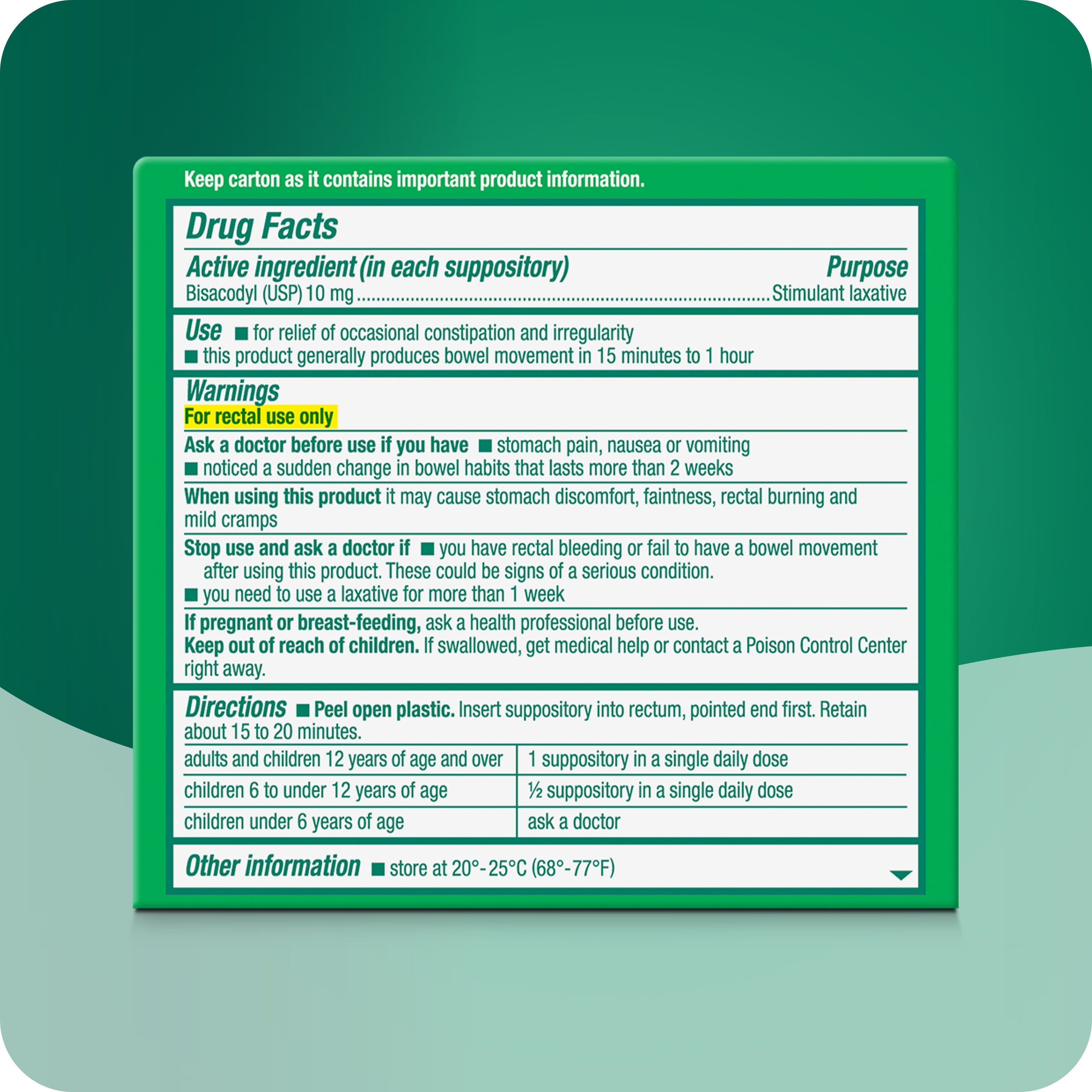 Dulcolax Stimulant Laxative Medicated Suppositories, Predictable & Effective Constipation Relief, Softens Stool, Bisacodyl 10 mg, 4 Count