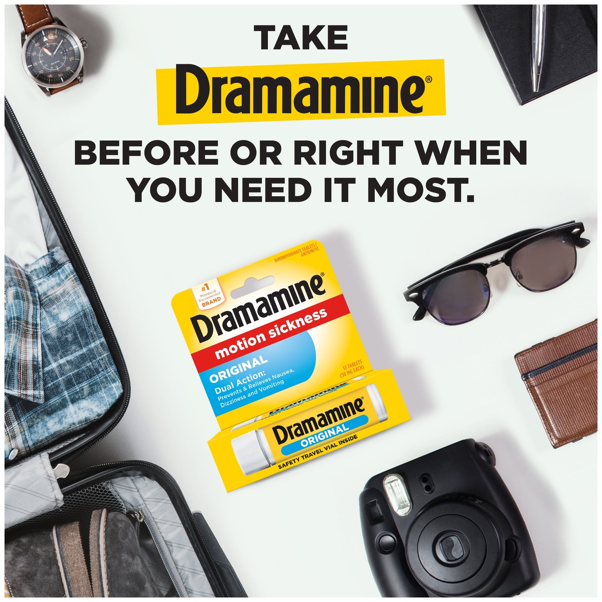 (2 pack) Dramamine Original, Motion Sickness Relief, Sensitive Stomach Travel Vial, 12 Count